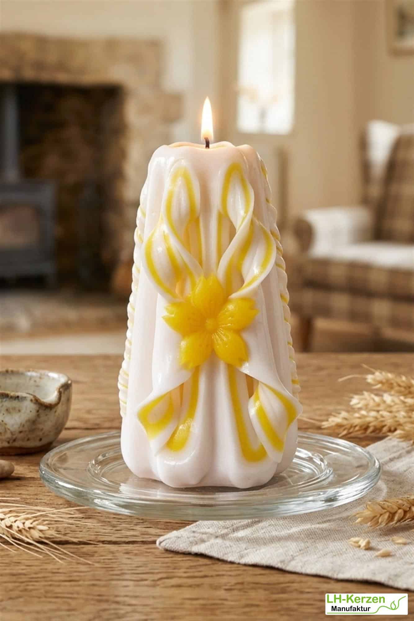 Sol’s Radiance – Handgeschnitzte weiß-gelbe Kerze, kunstvolle Designkerze für festliche Anlässe