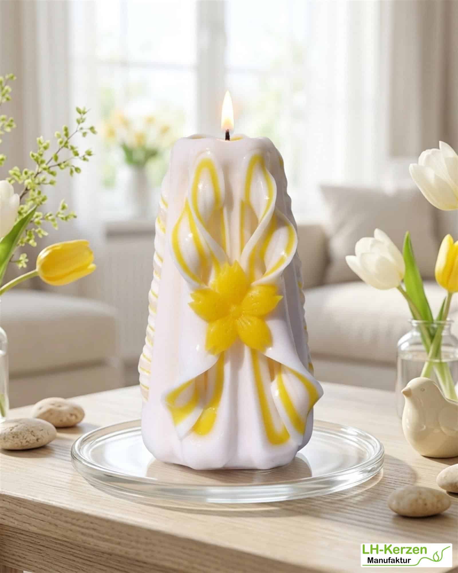 Sol’s Radiance – Handgeschnitzte weiß-gelbe Kerze, kunstvolle Designkerze für festliche Anlässe
