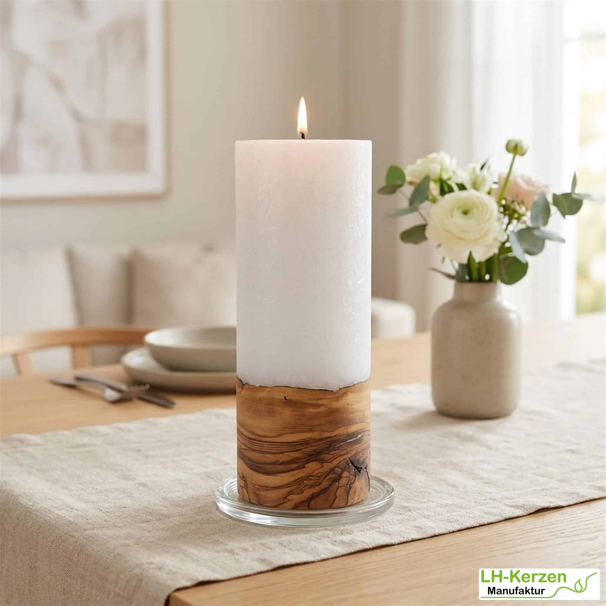Kerze mit Holzelement Docht 80x200 – Rustikale Kerze mit edlem Holzsockel für stilvolle Dekorationen