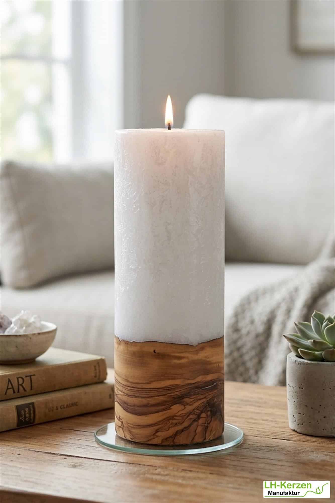 Kerze mit Holzelement Docht 80x200 – Rustikale Kerze mit edlem Holzsockel für stilvolle Dekorationen