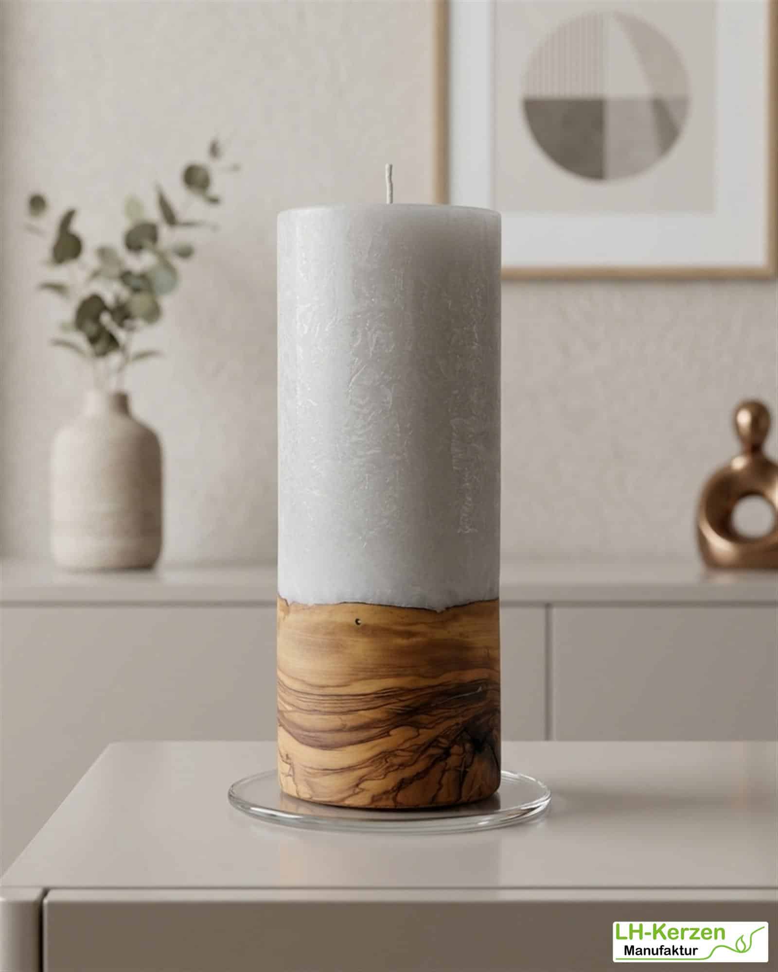 Kerze mit Holzelement Docht 80x200 – Rustikale Kerze mit edlem Holzsockel für stilvolle Dekorationen