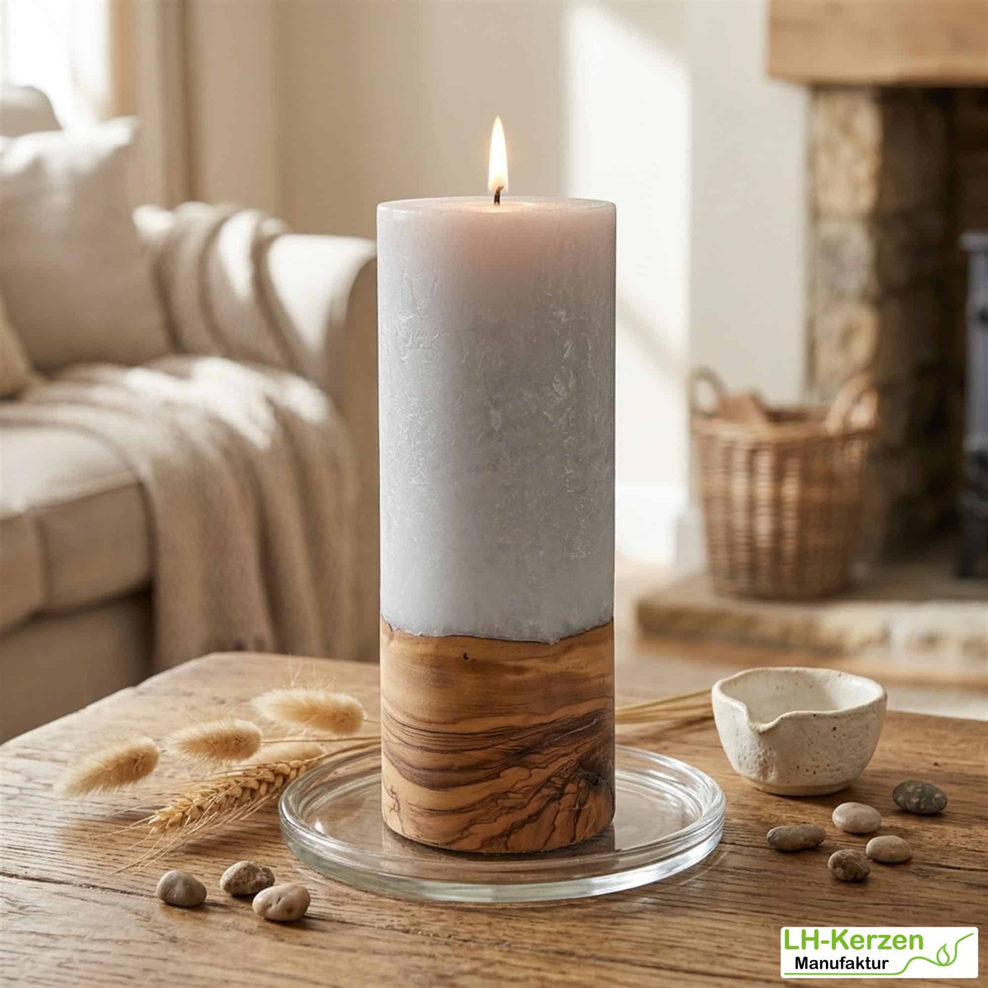 Kerze mit Holzelement Docht 80x200 – Rustikale Kerze mit edlem Holzsockel für stilvolle Dekorationen