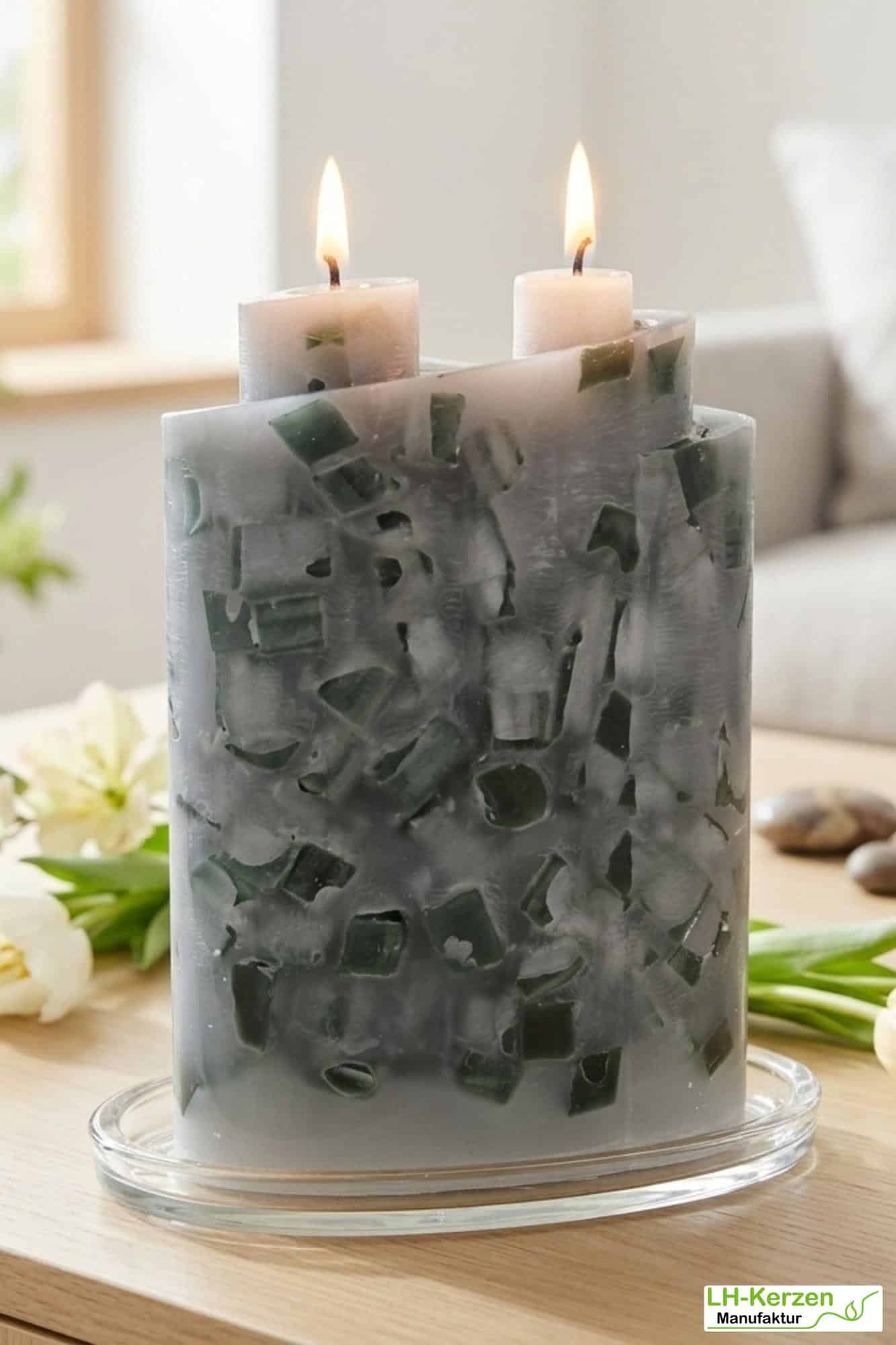 Lüdinghäuser Wachsmosaik – Designkerze mit Doppeldocht in Garden Mint Candy, handgegossen