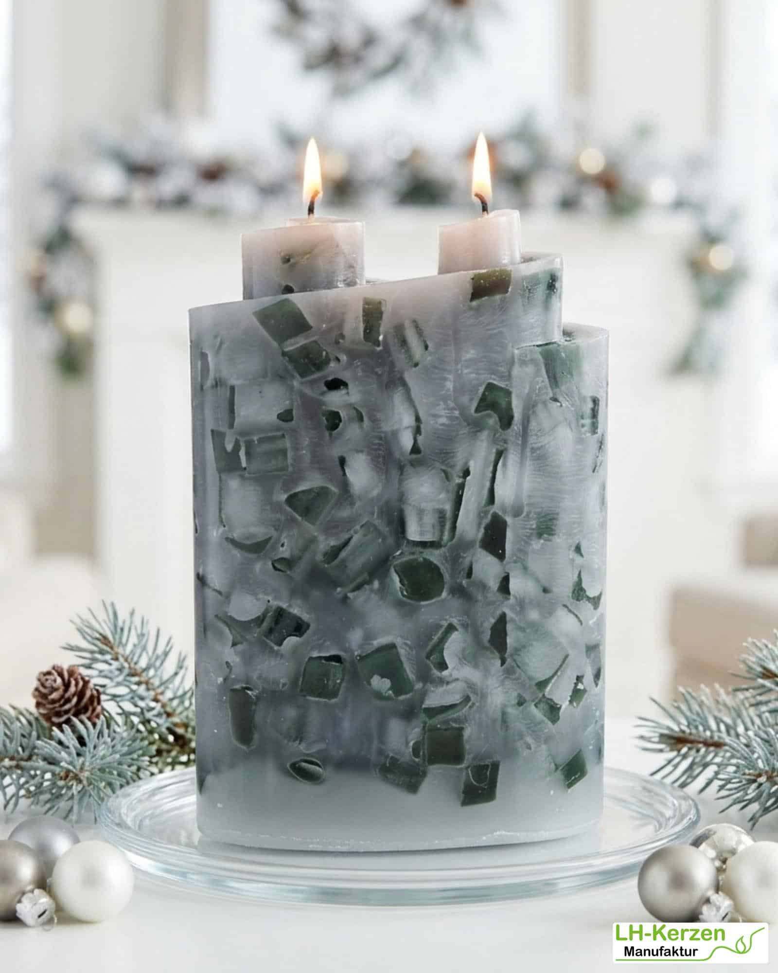 Lüdinghäuser Wachsmosaik – Designkerze mit Doppeldocht in Garden Mint Candy, handgegossen