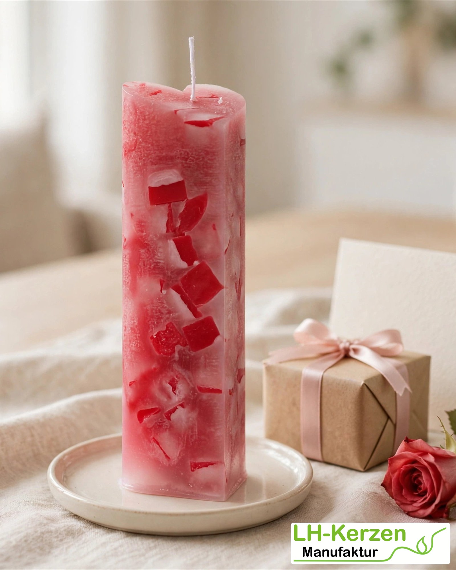 Personalisierte Herzkerze Rot – Lüdinghauser Mosaik als romantisches Geschenk für Freundin, Freund o