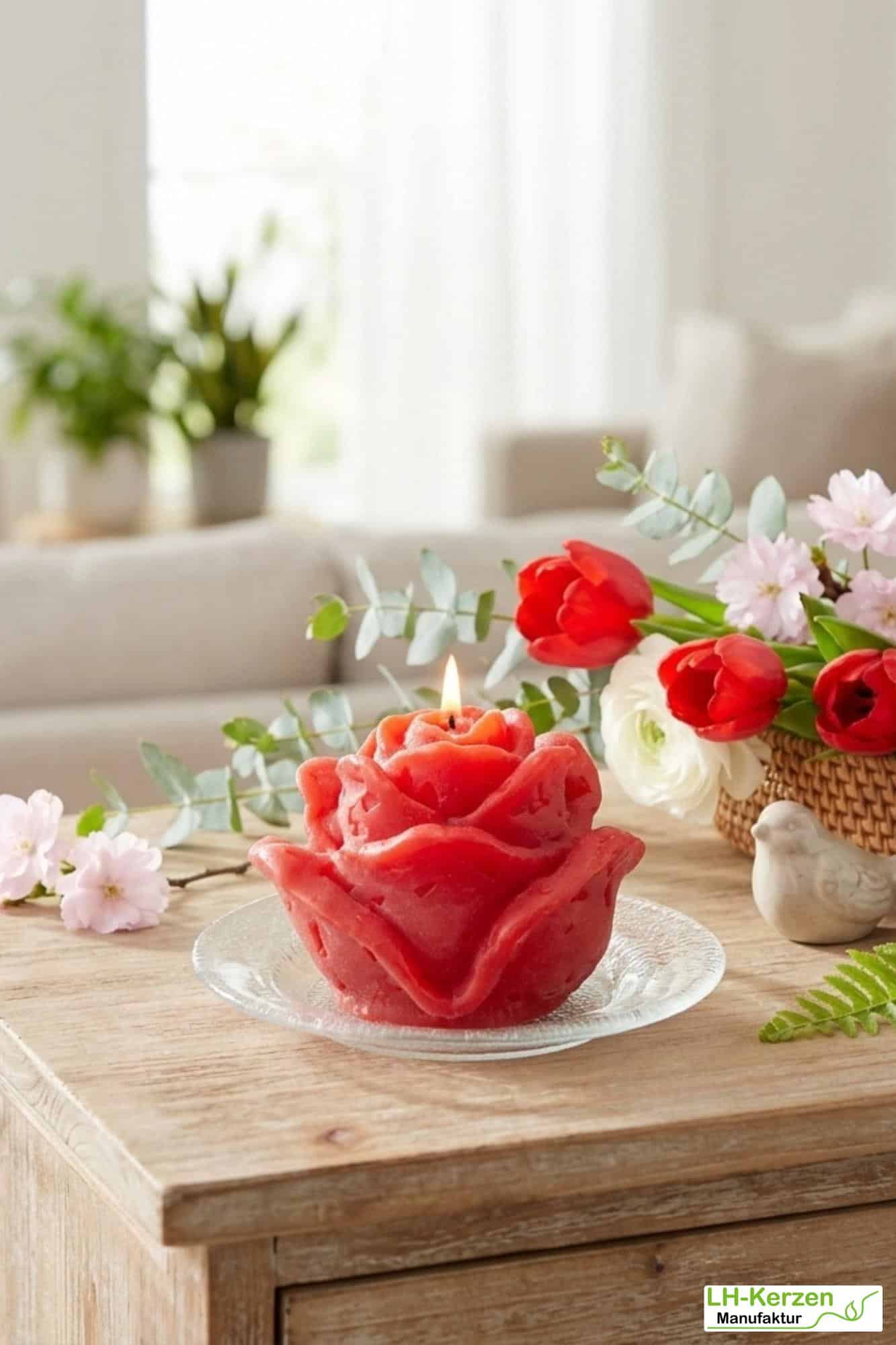 Große Rosenkerze „Liebesfeuer“ – rote Kerze in Rosenform personalisierbar