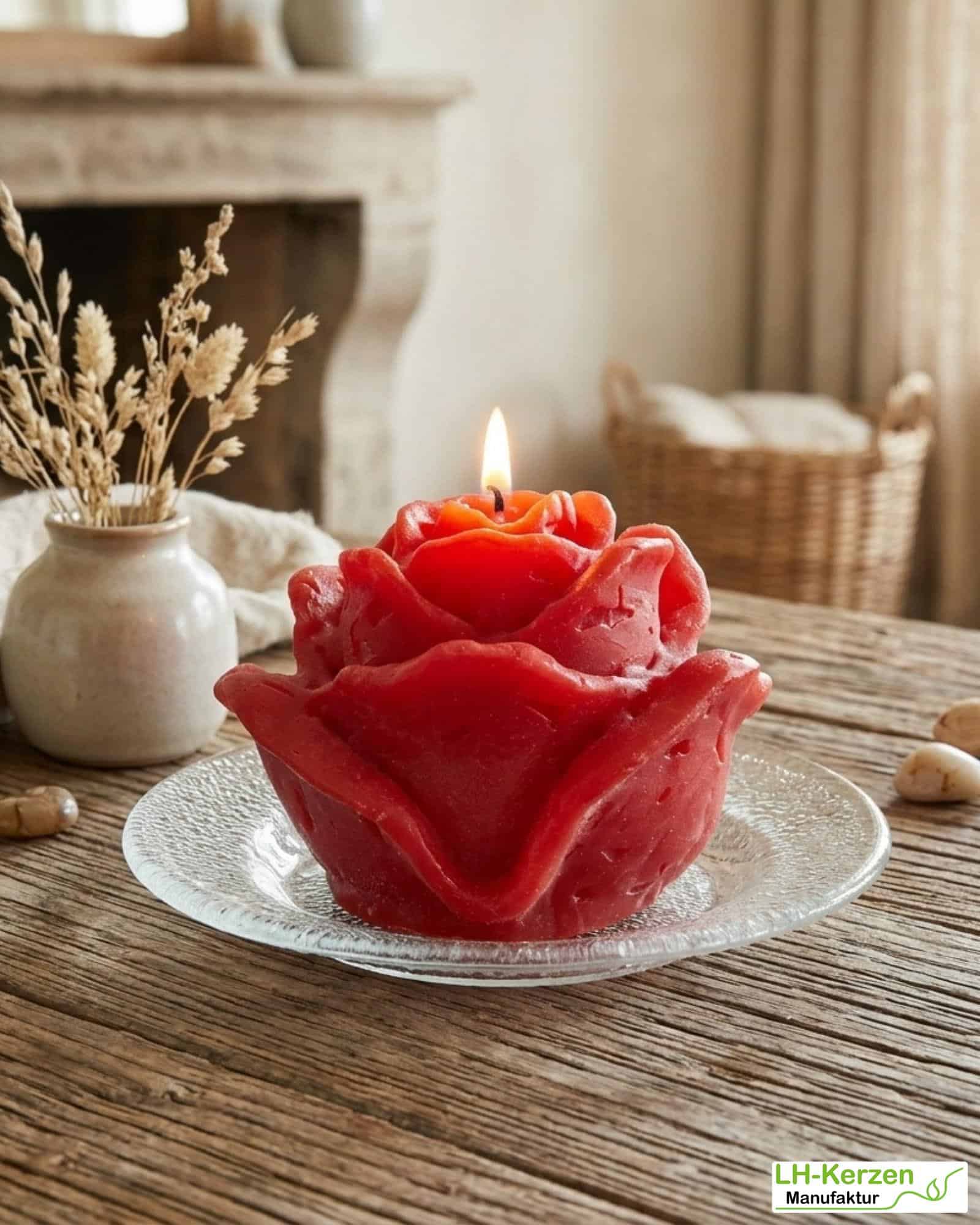 Große Rosenkerze „Liebesfeuer“ – rote Kerze in Rosenform personalisierbar