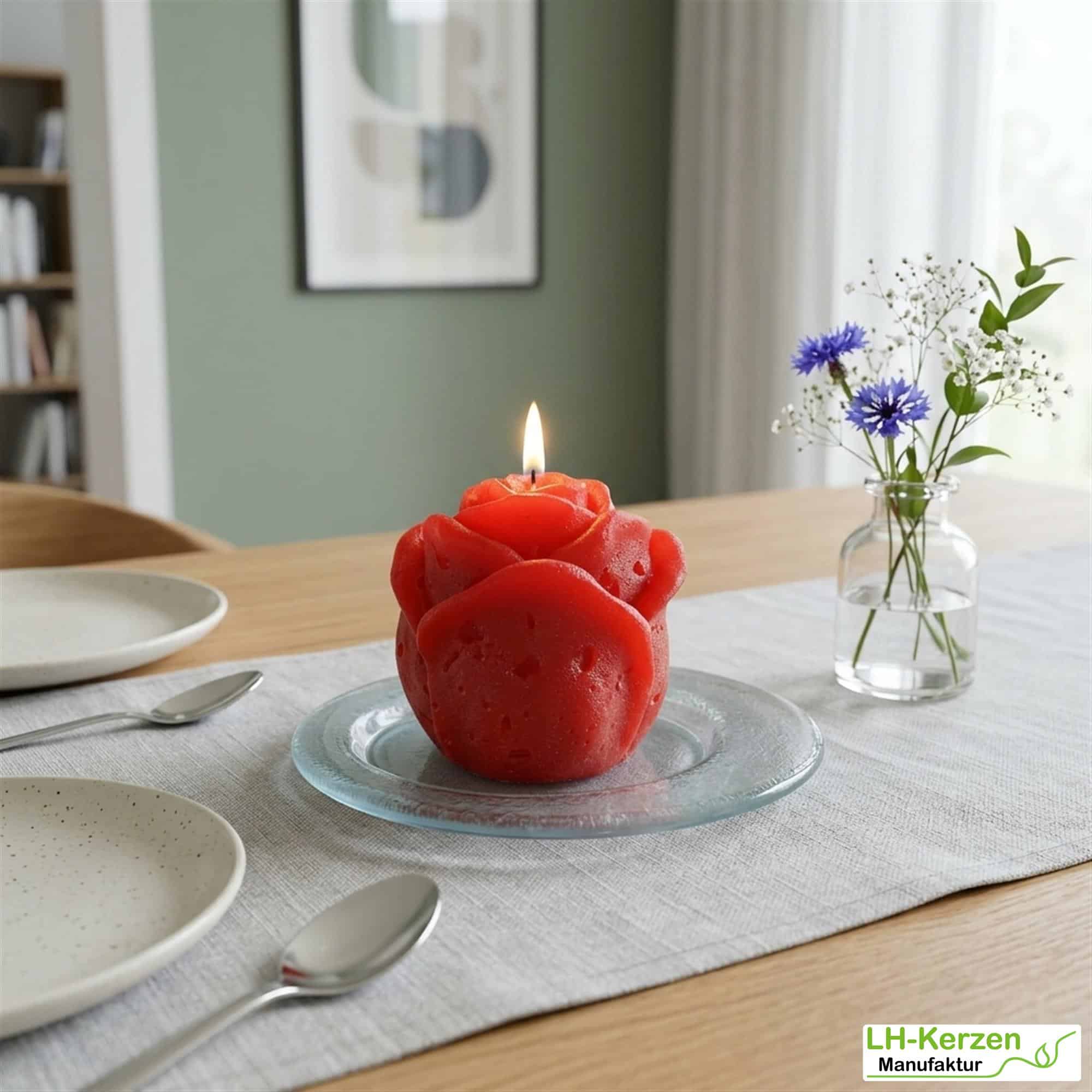 Rote Rosenkerze "Liebesfeuer", personalisierbare Kerze in Rosenknospenform