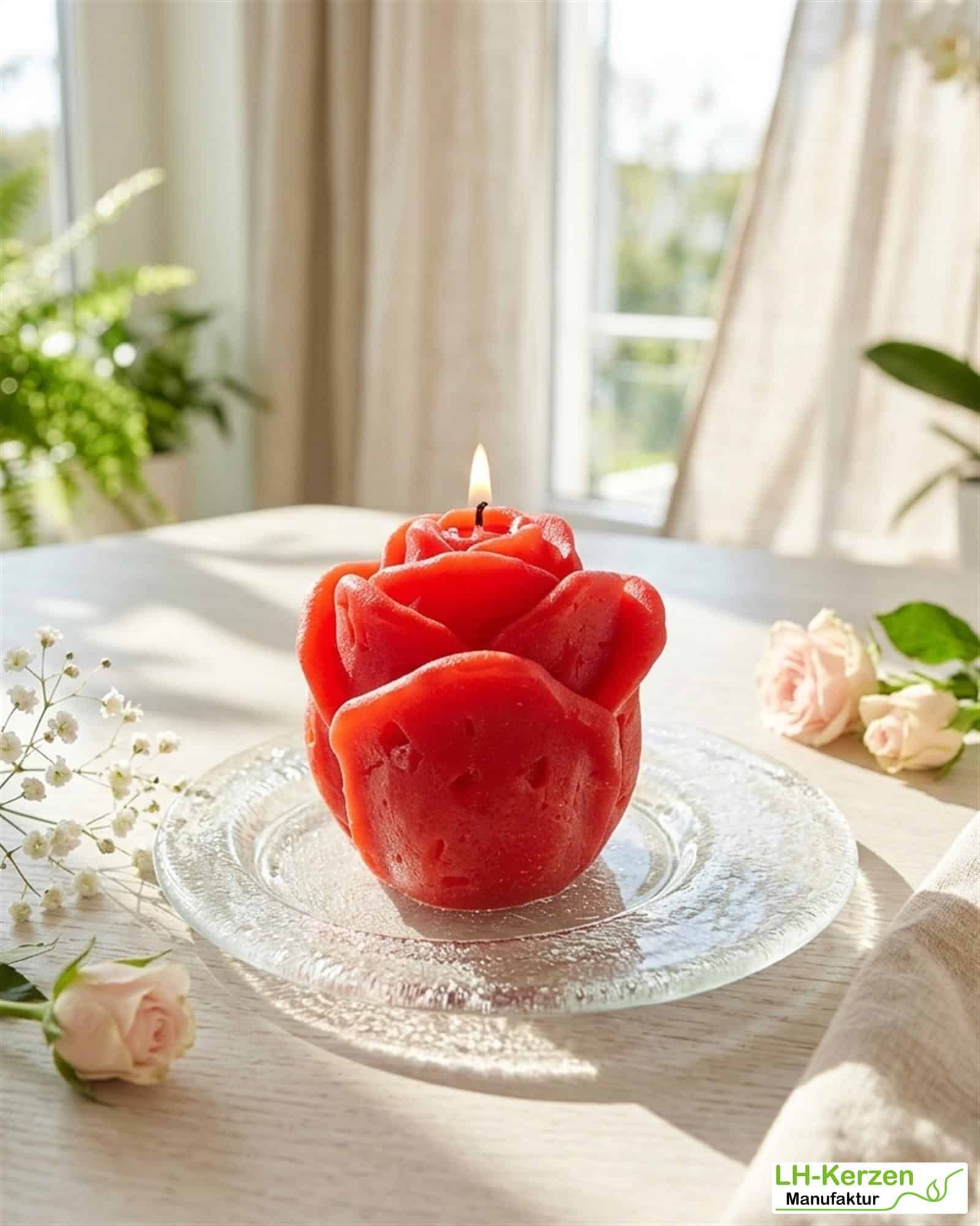 Rote Rosenkerze "Liebesfeuer", personalisierbare Kerze in Rosenknospenform