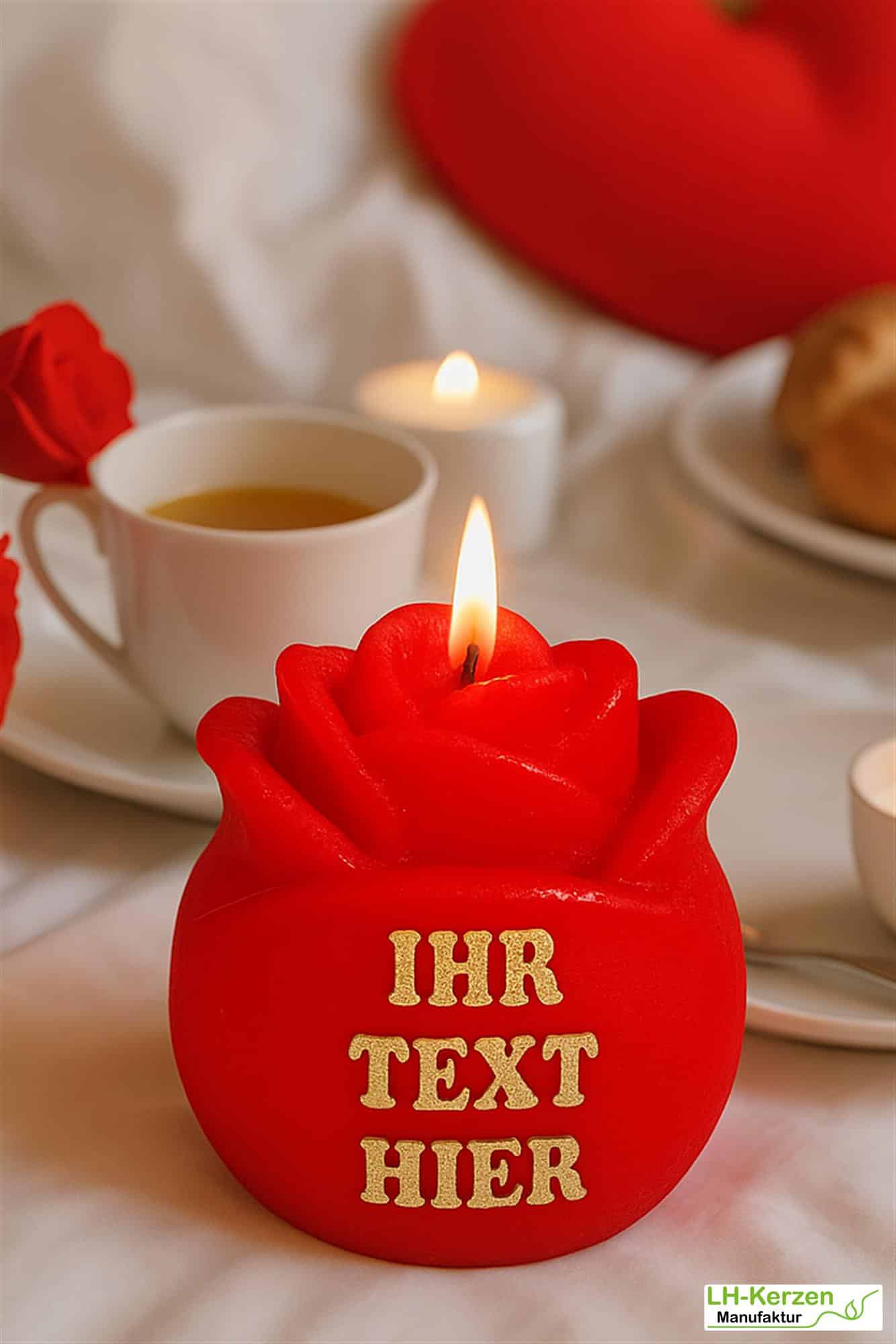 Rote Rosenkerze "Liebesfeuer", personalisierbare Kerze in Rosenknospenform