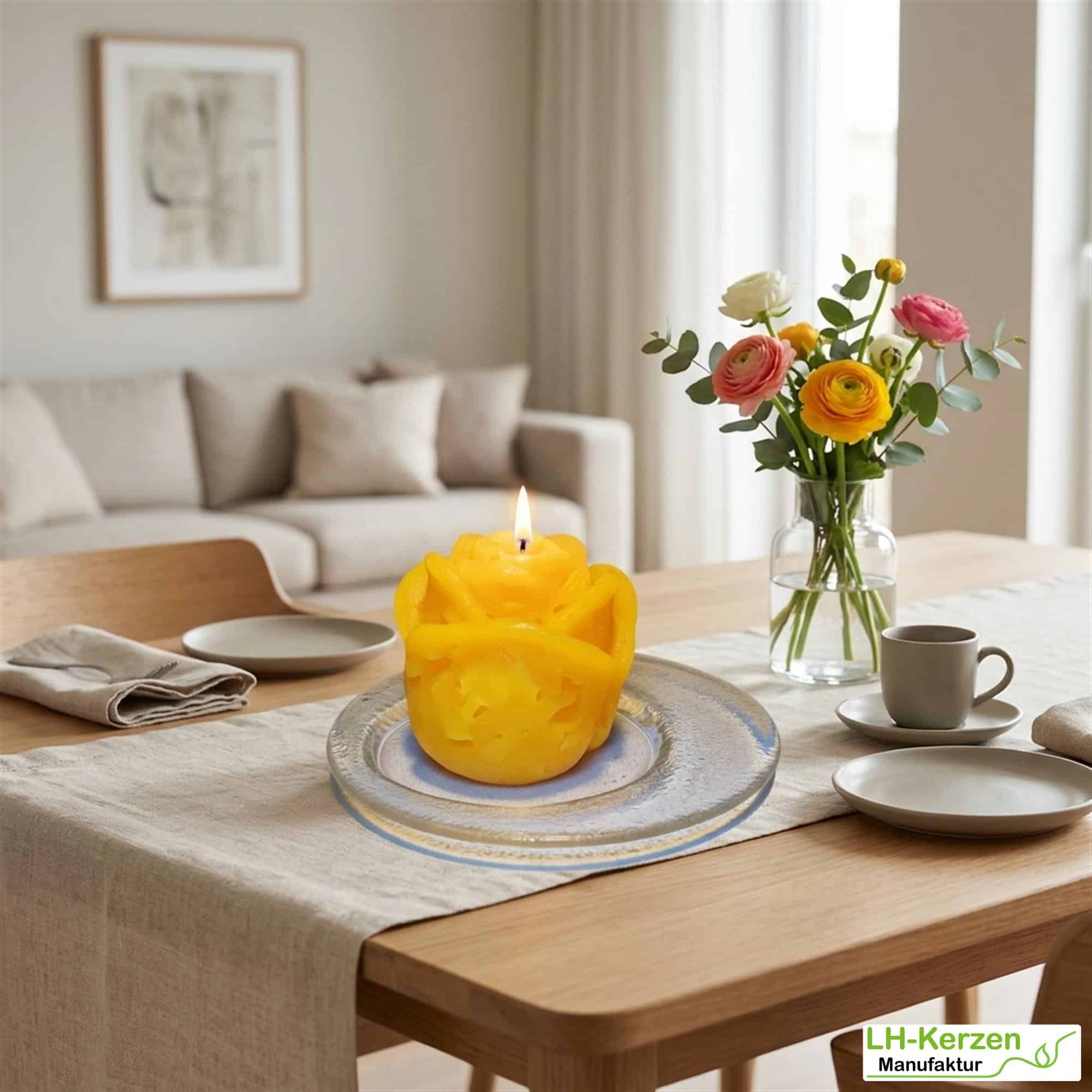 Gelbe Rosenkerze "Sonnengruß", personalisierbare Kerze in Rosenknopsenform