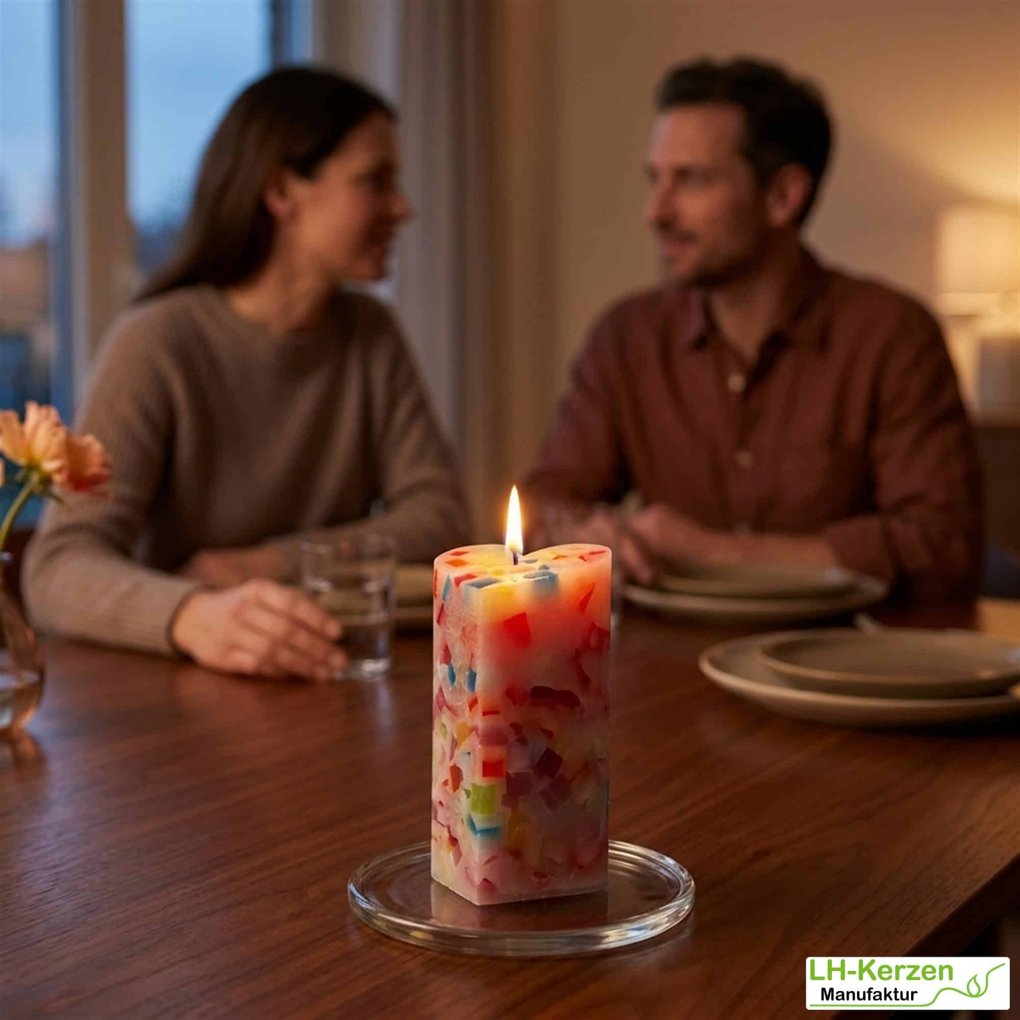 Farbenfrohe Würfelwachskerze in Herzform, bunte Herzkerze 'Farbenspiel', personalisierbar