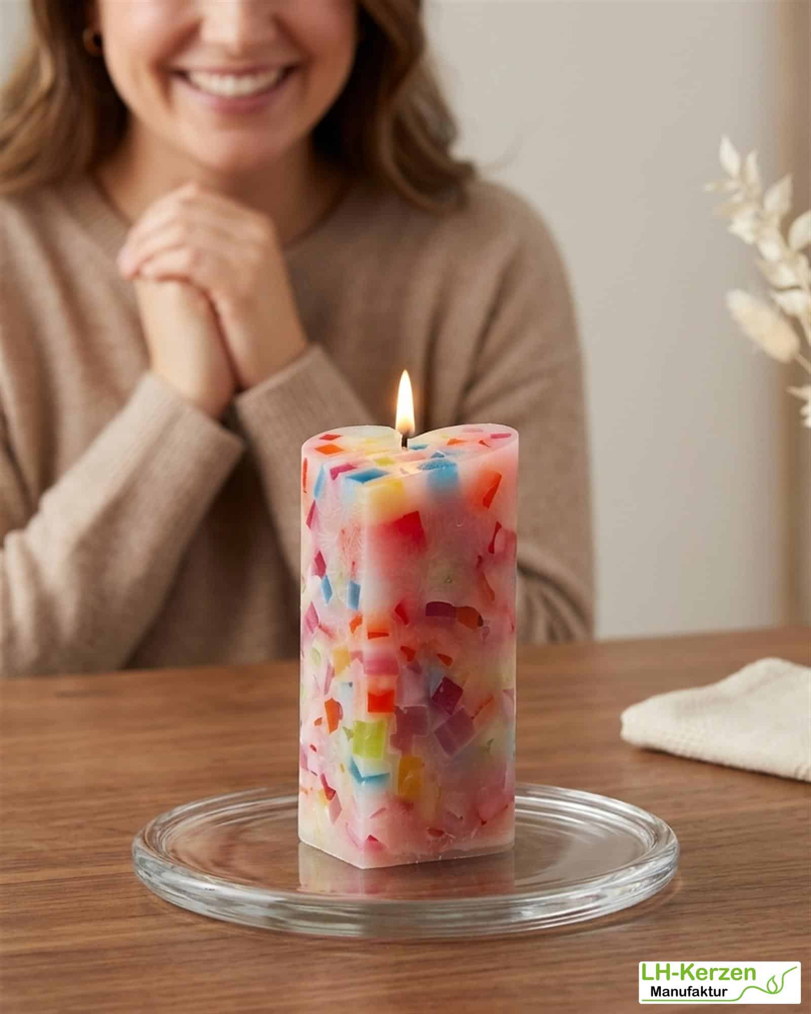 Farbenfrohe Würfelwachskerze in Herzform, bunte Herzkerze 'Farbenspiel', personalisierbar