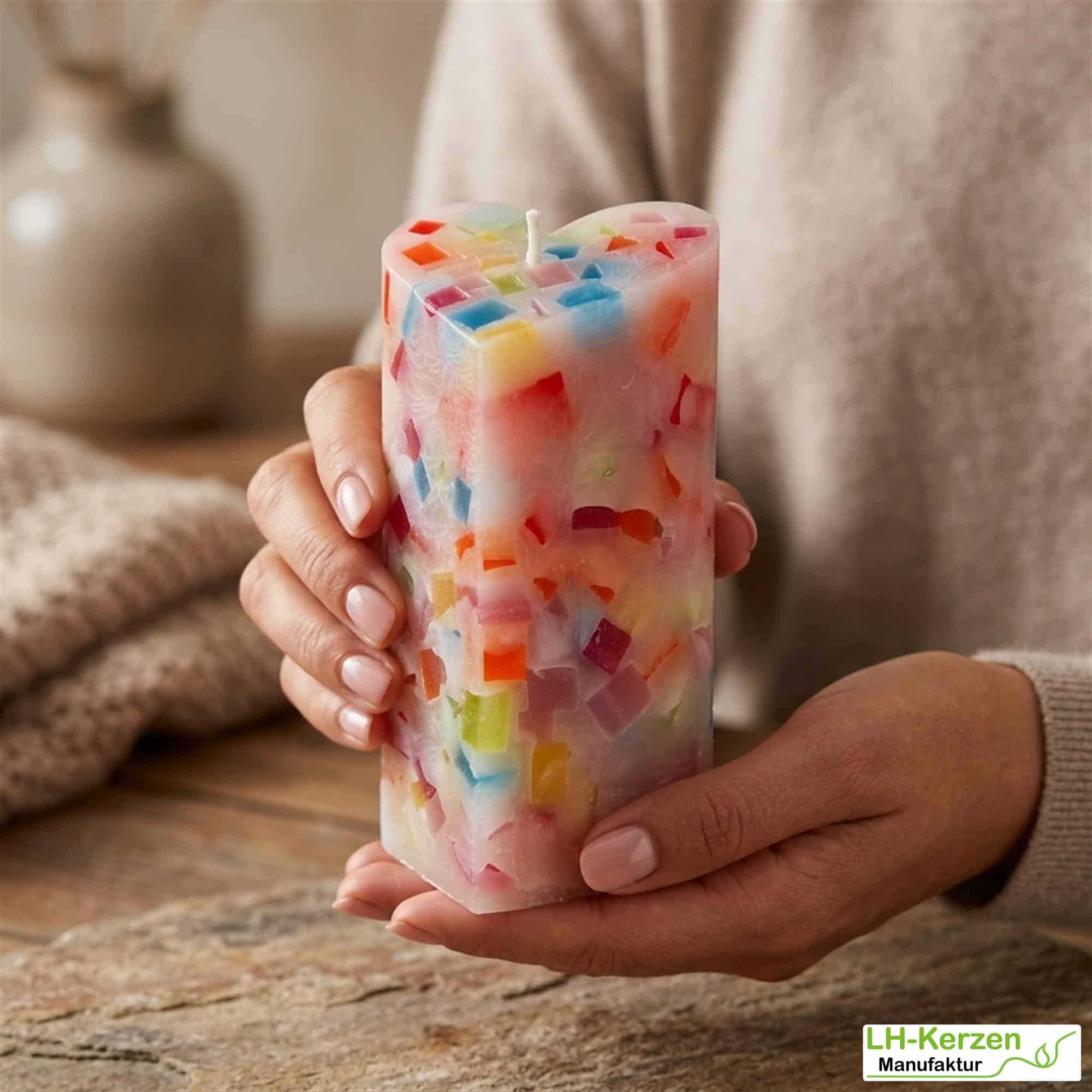 Farbenfrohe Würfelwachskerze in Herzform, bunte Herzkerze 'Farbenspiel', personalisierbar