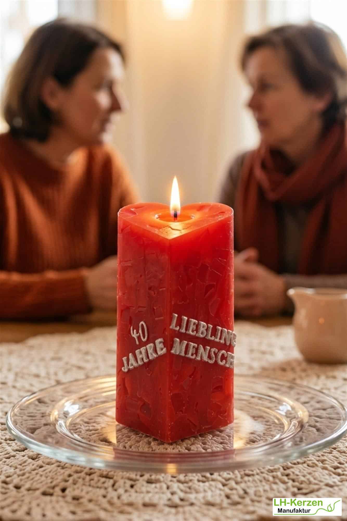 Rote Würfelwachskerze in Herzform, Herzkerze 'Flammendes Herz', personalisierbar