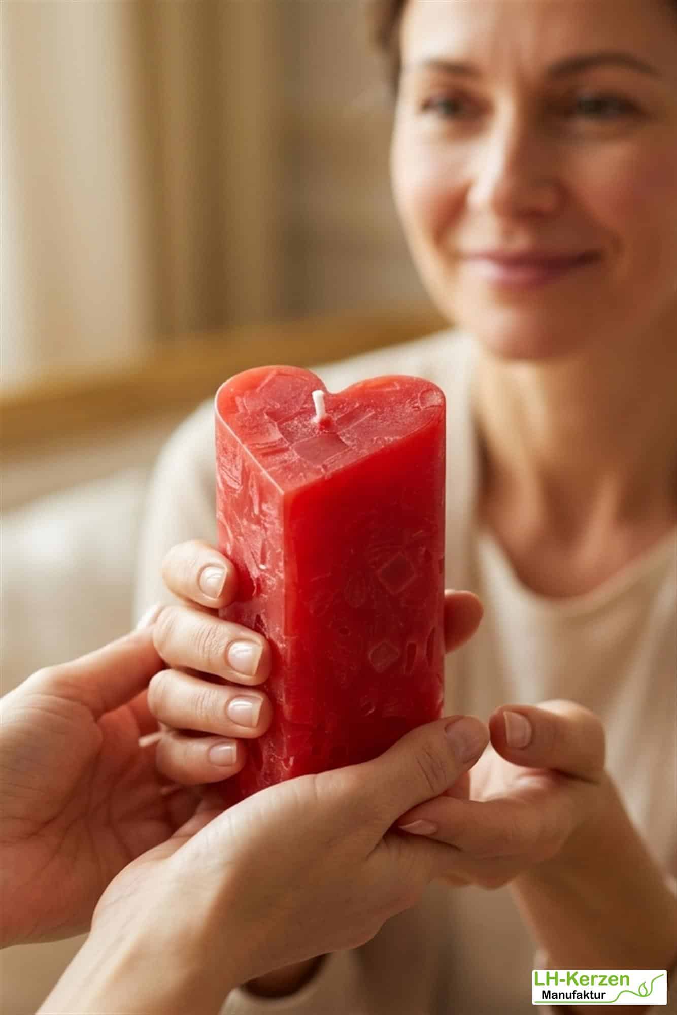 Rote Würfelwachskerze in Herzform, Herzkerze 'Flammendes Herz', personalisierbar