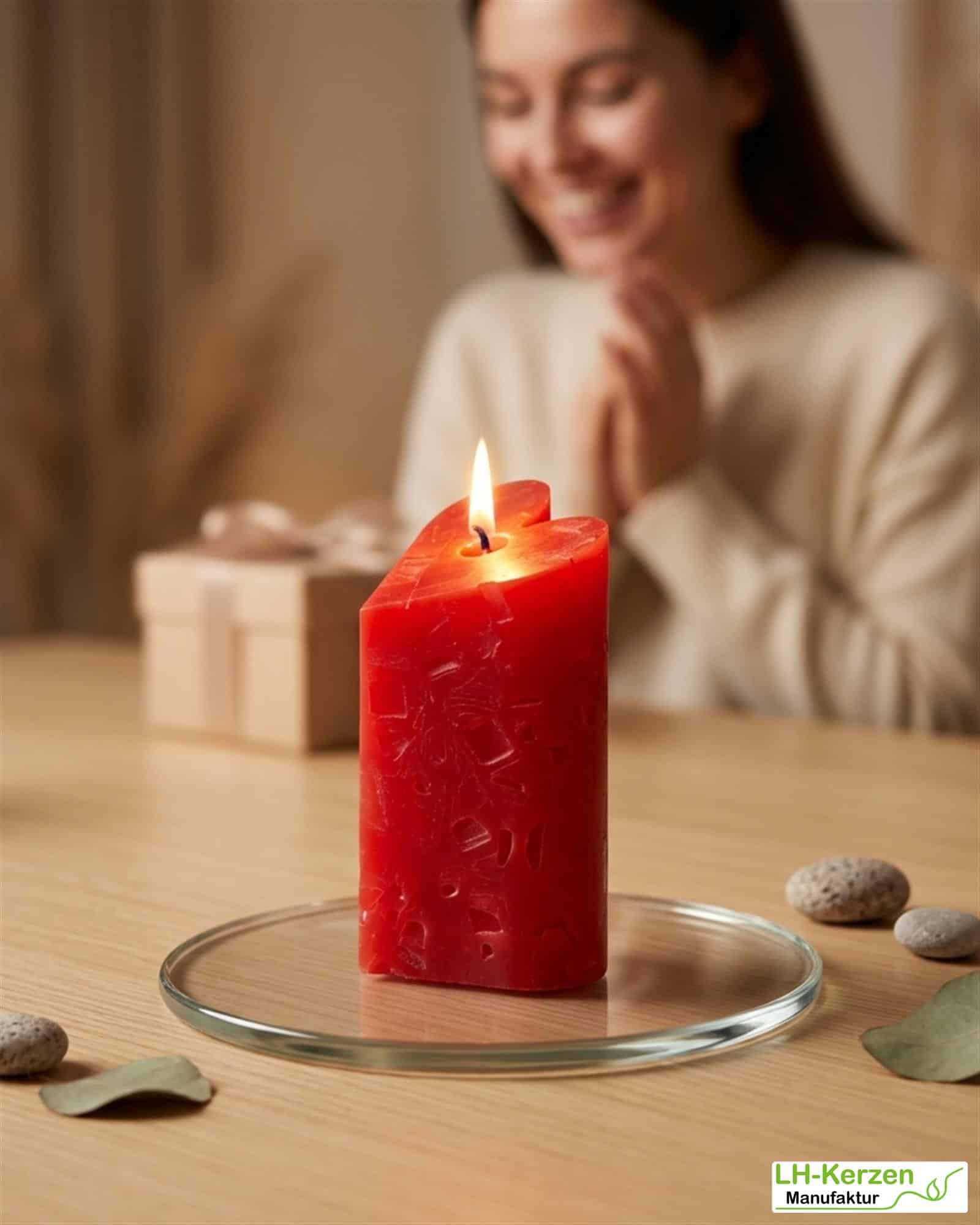 Rote Würfelwachskerze in Herzform, Herzkerze 'Flammendes Herz', personalisierbar