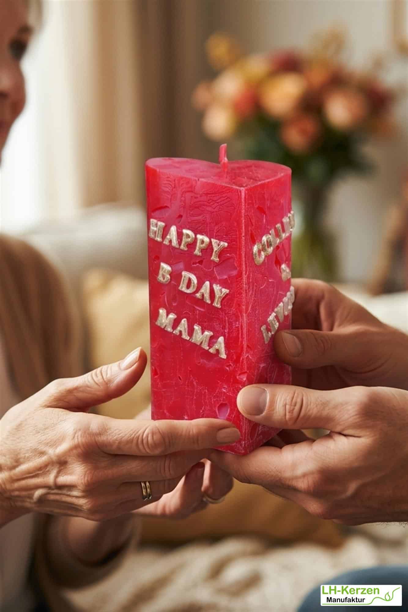 Rote Würfelwachskerze in Herzform, Herzkerze 'Flammendes Herz', personalisierbar