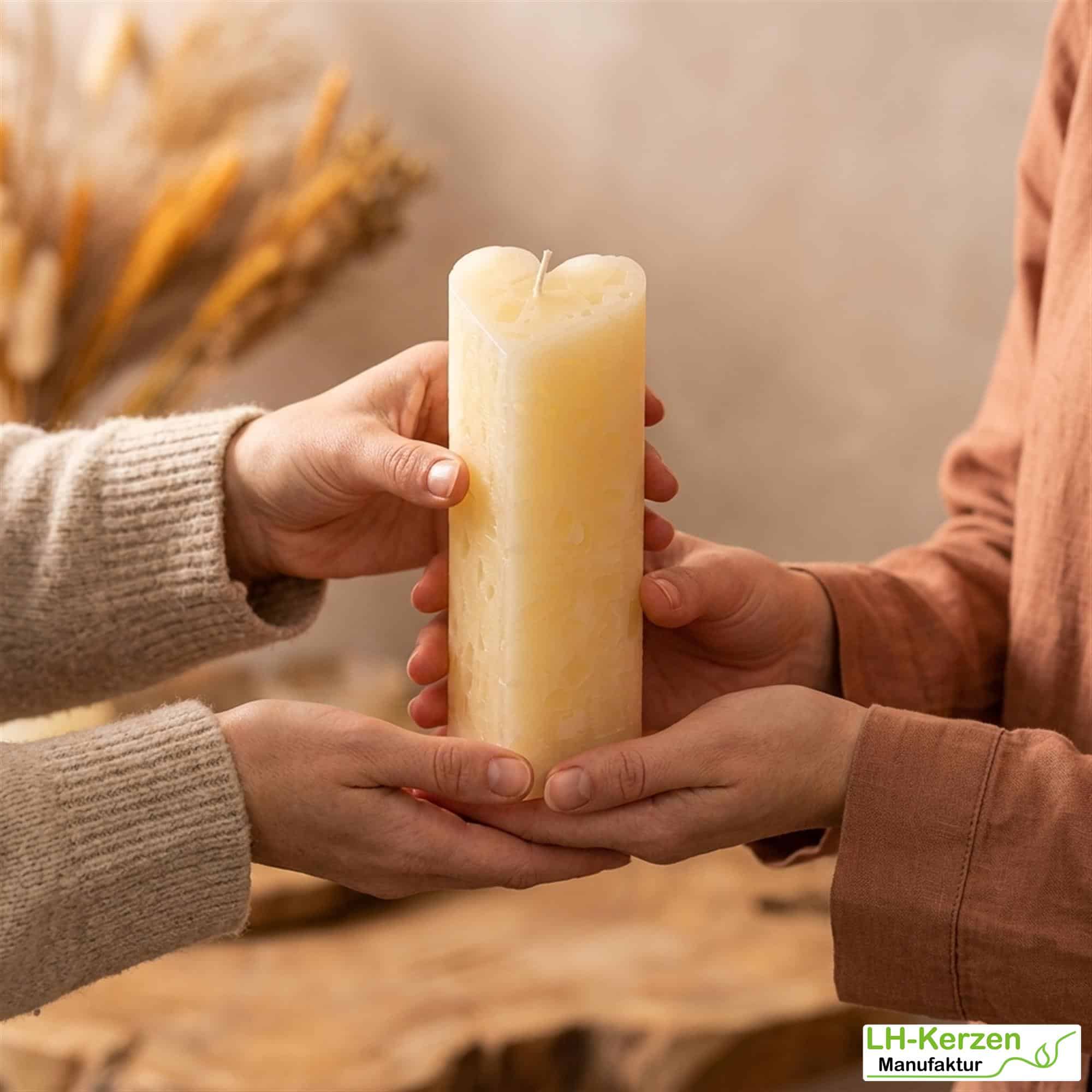 Cremefarbene Würfelwachskerze in Herzform, Herzkerze 'Sanfter Schein', personalisierbar