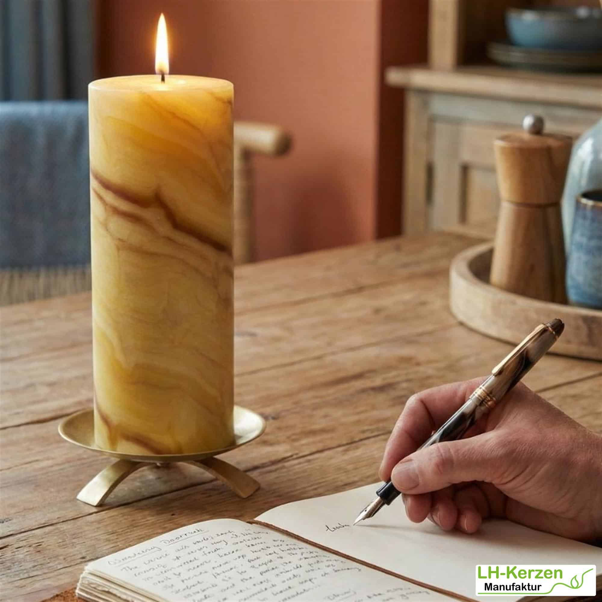 Handgeknetete Bienenwachs Kerze mit einzigartiger Maserung 200x70mm - schlank & elegant