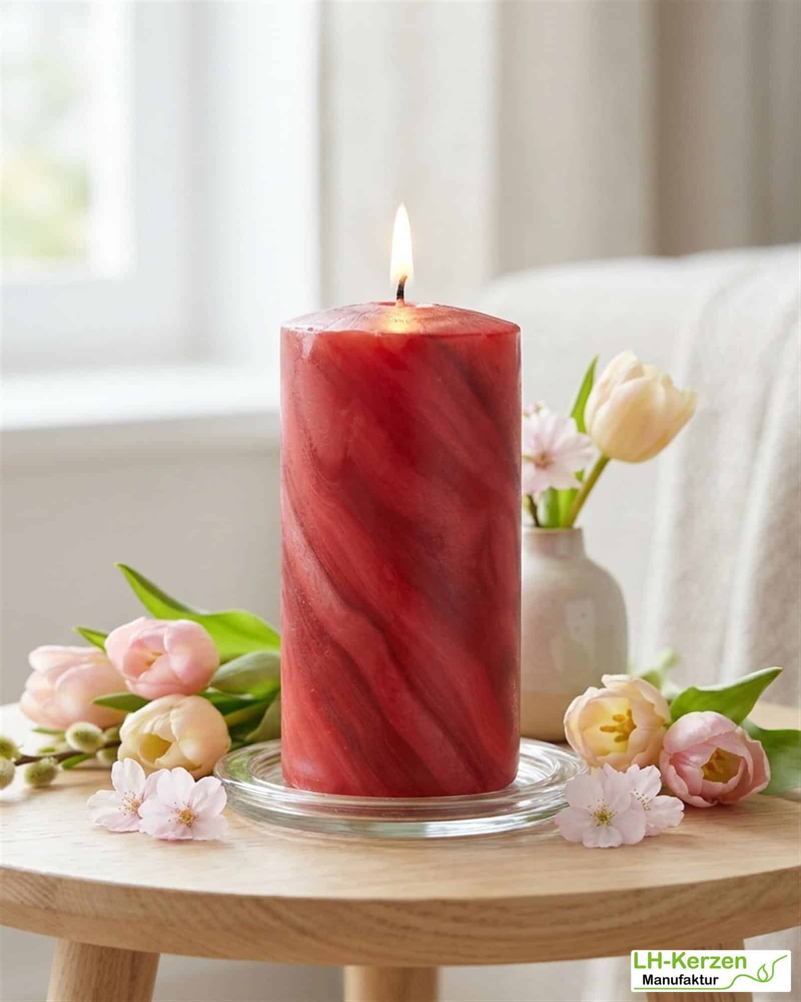 Rote Bienenwachskerze mit einzigartiger marmorierter Oberfläche, 25%, 100x50, lebhaft & individuell