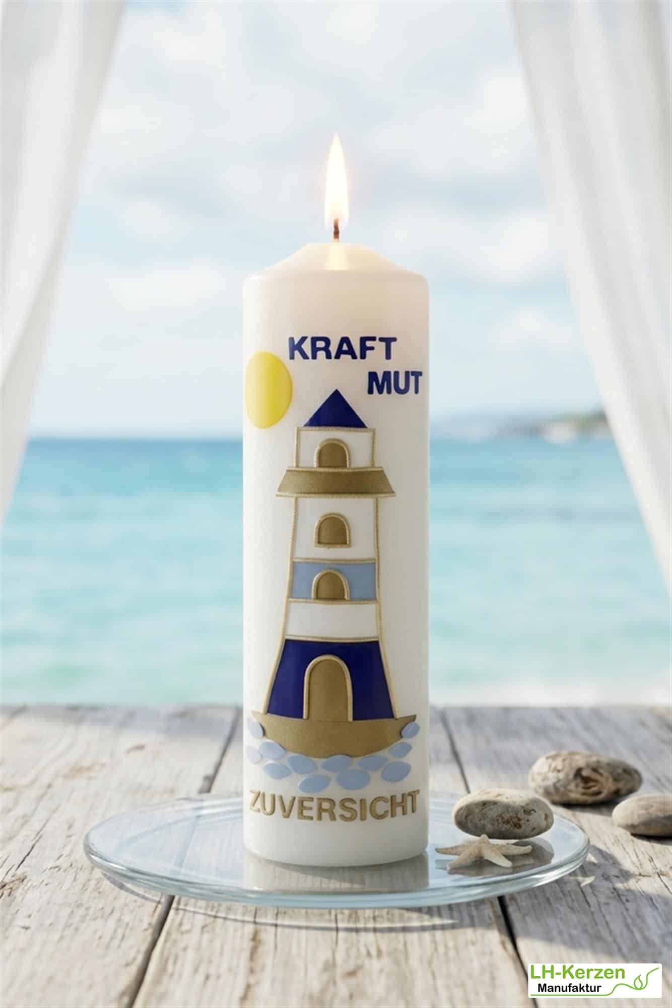 Spruchkerze in elfenbein "Kraft Mut Zuversicht" mit Leuchtturm mit Echtwachsbeschriftung