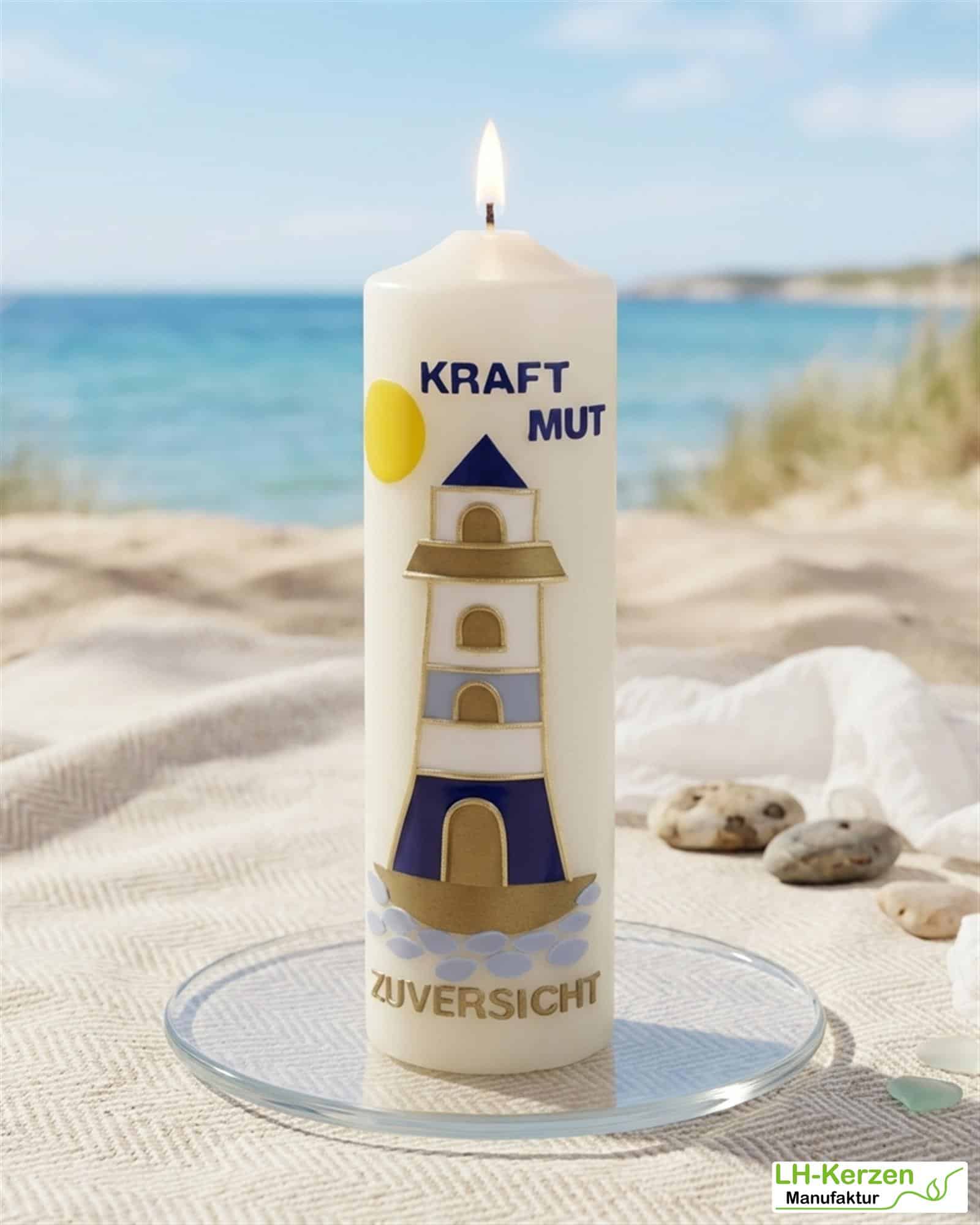 Spruchkerze in elfenbein "Kraft Mut Zuversicht" mit Leuchtturm mit Echtwachsbeschriftung