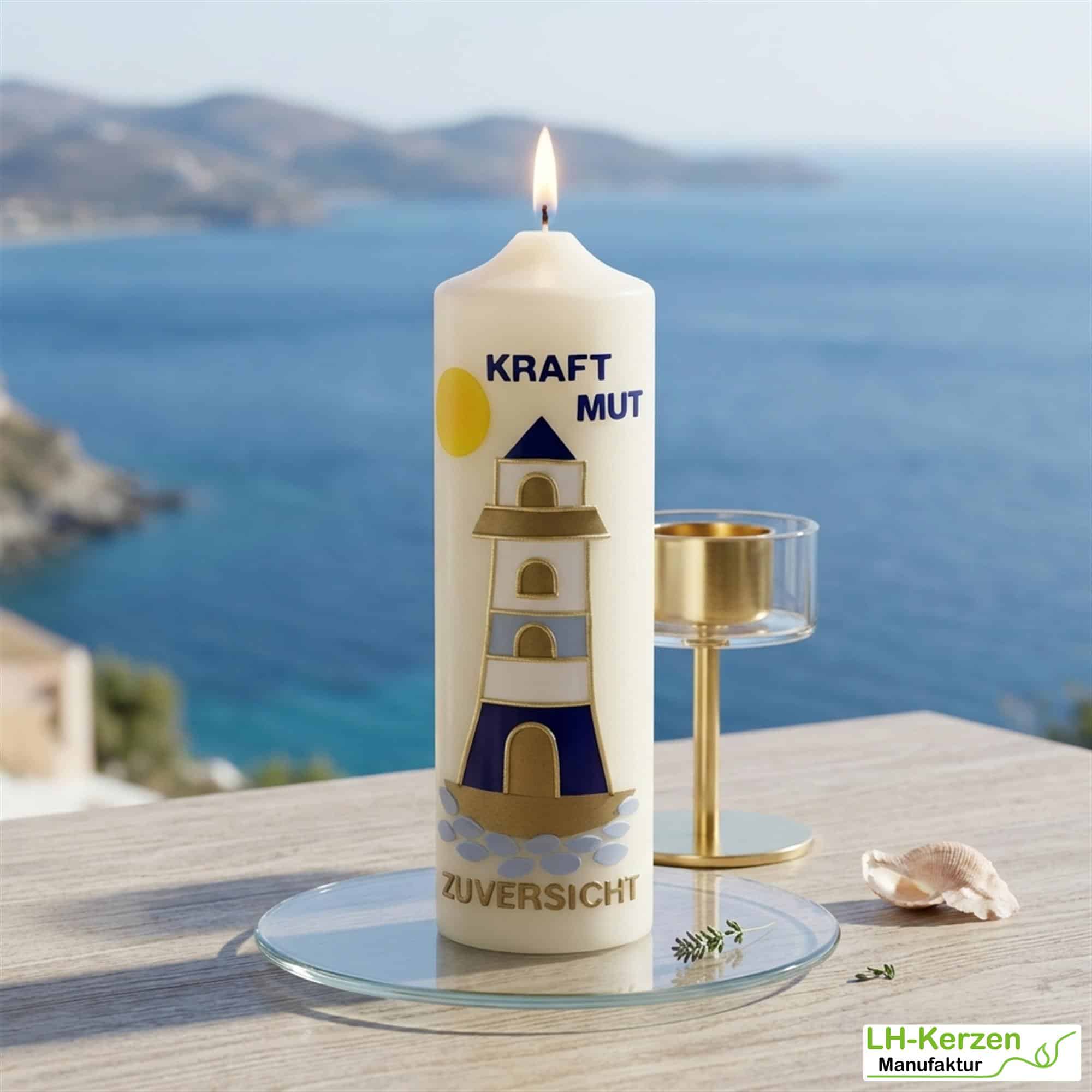 Spruchkerze in elfenbein "Kraft Mut Zuversicht" mit Leuchtturm mit Echtwachsbeschriftung