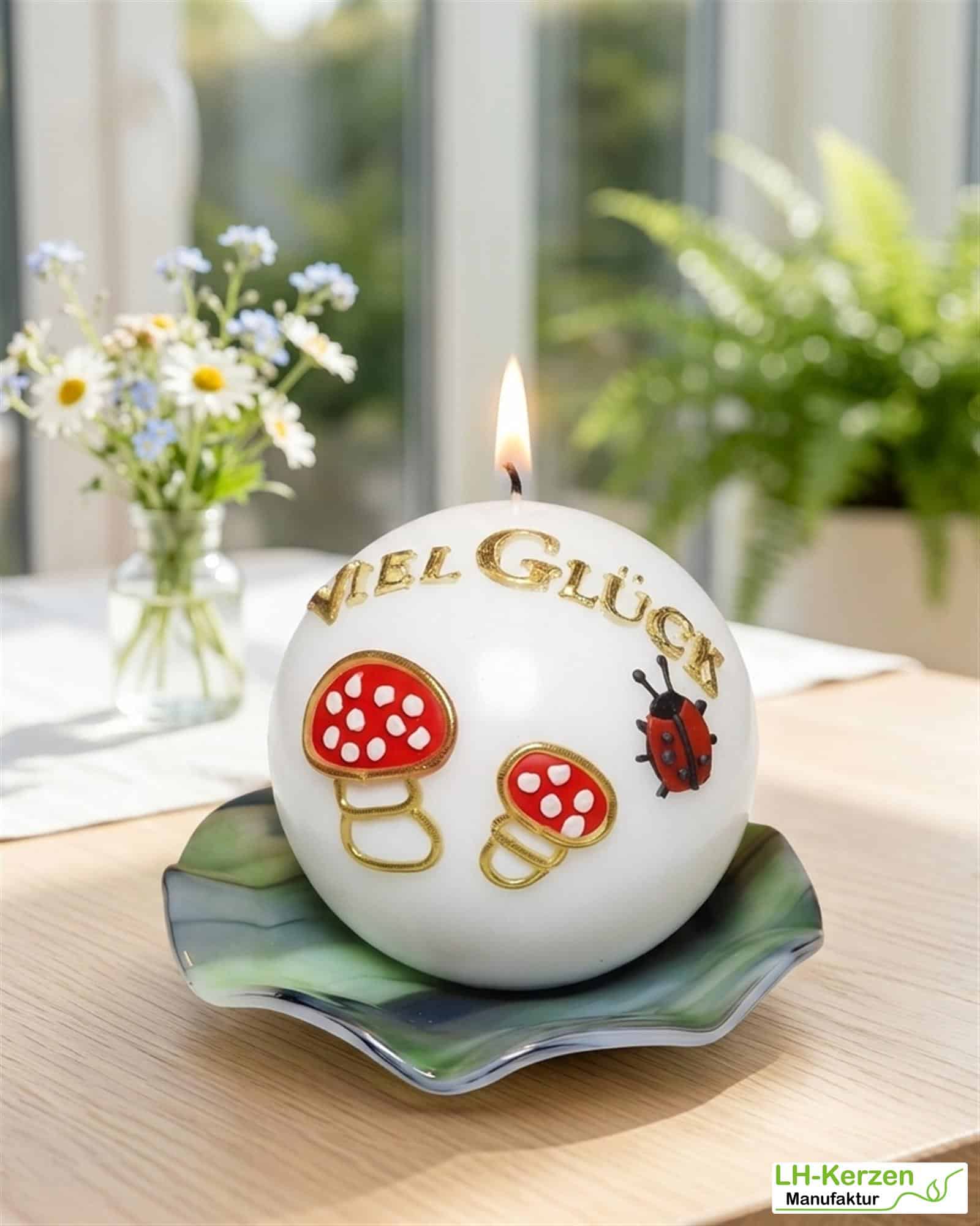 Personalisierbares Glückslicht "VIEL GLÜCK" mit Fliegenpilzen, Marienkäfer und Kleeblättern
