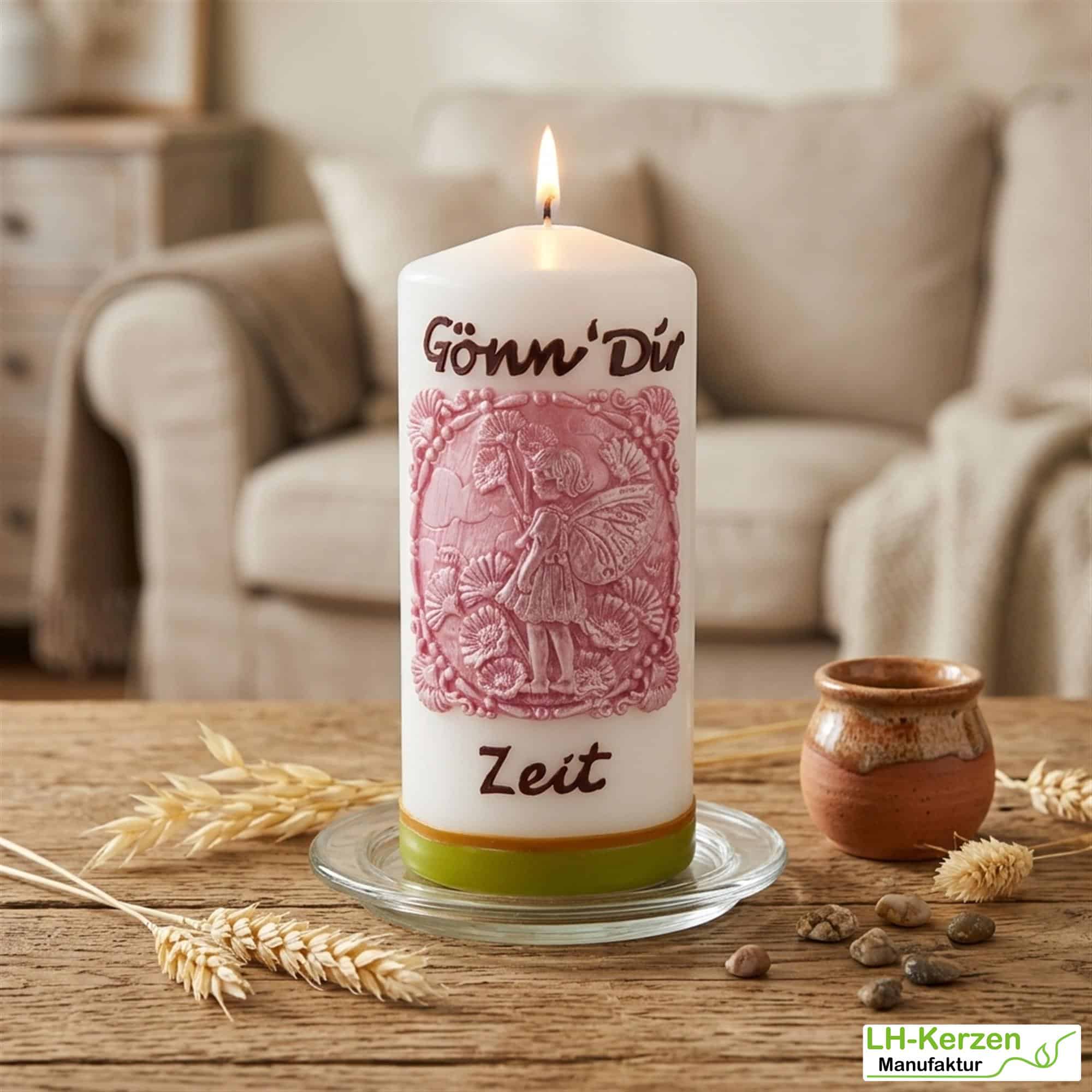 weiße Spruchkerze „Gönn‘ Dir Zeit“, handbeschriftet mit Echtwachs