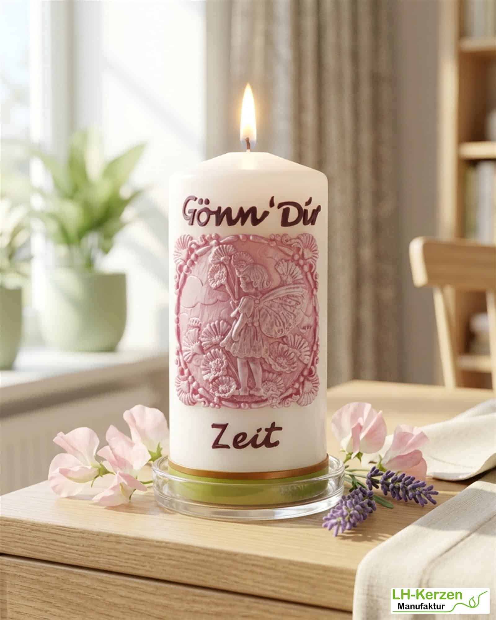 weiße Spruchkerze „Gönn‘ Dir Zeit“, handbeschriftet mit Echtwachs