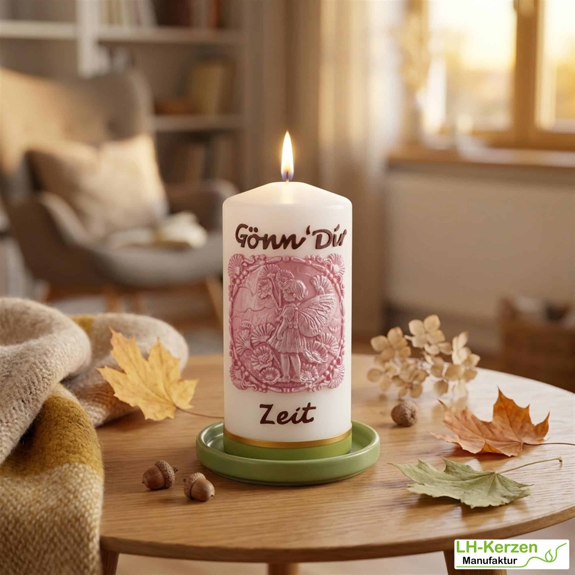 weiße Spruchkerze „Gönn‘ Dir Zeit“, handbeschriftet mit Echtwachs