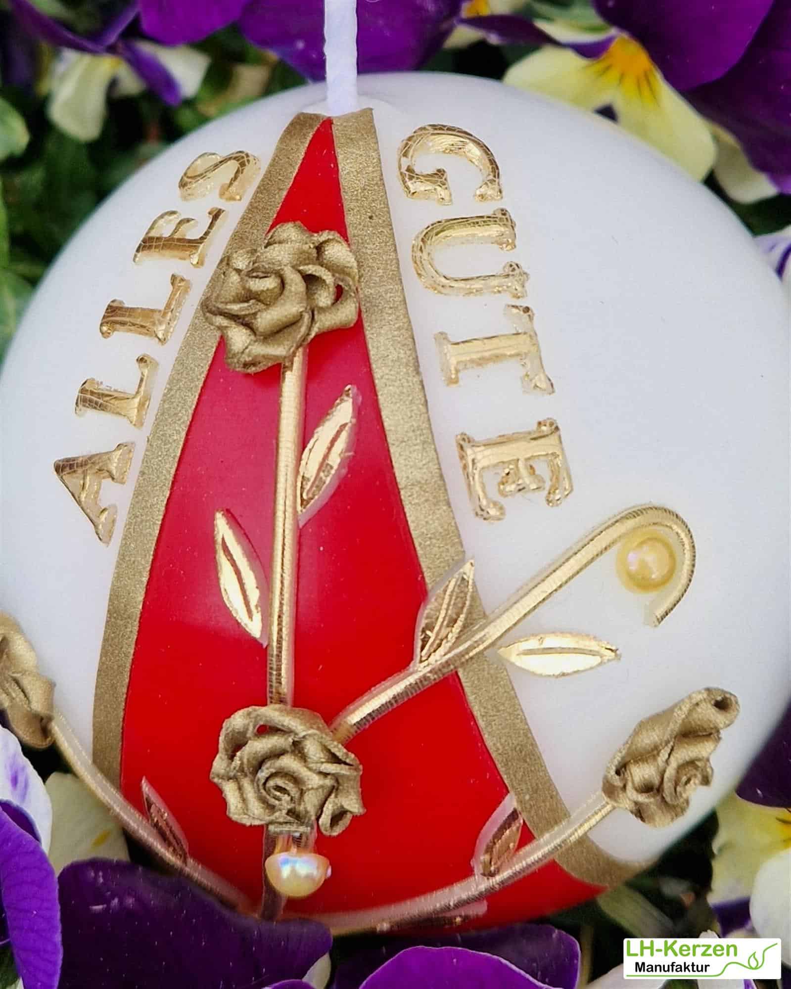 Personalisierbare Kugelkerze Alles Gute - Handgefertigte Kerze mit Blumen