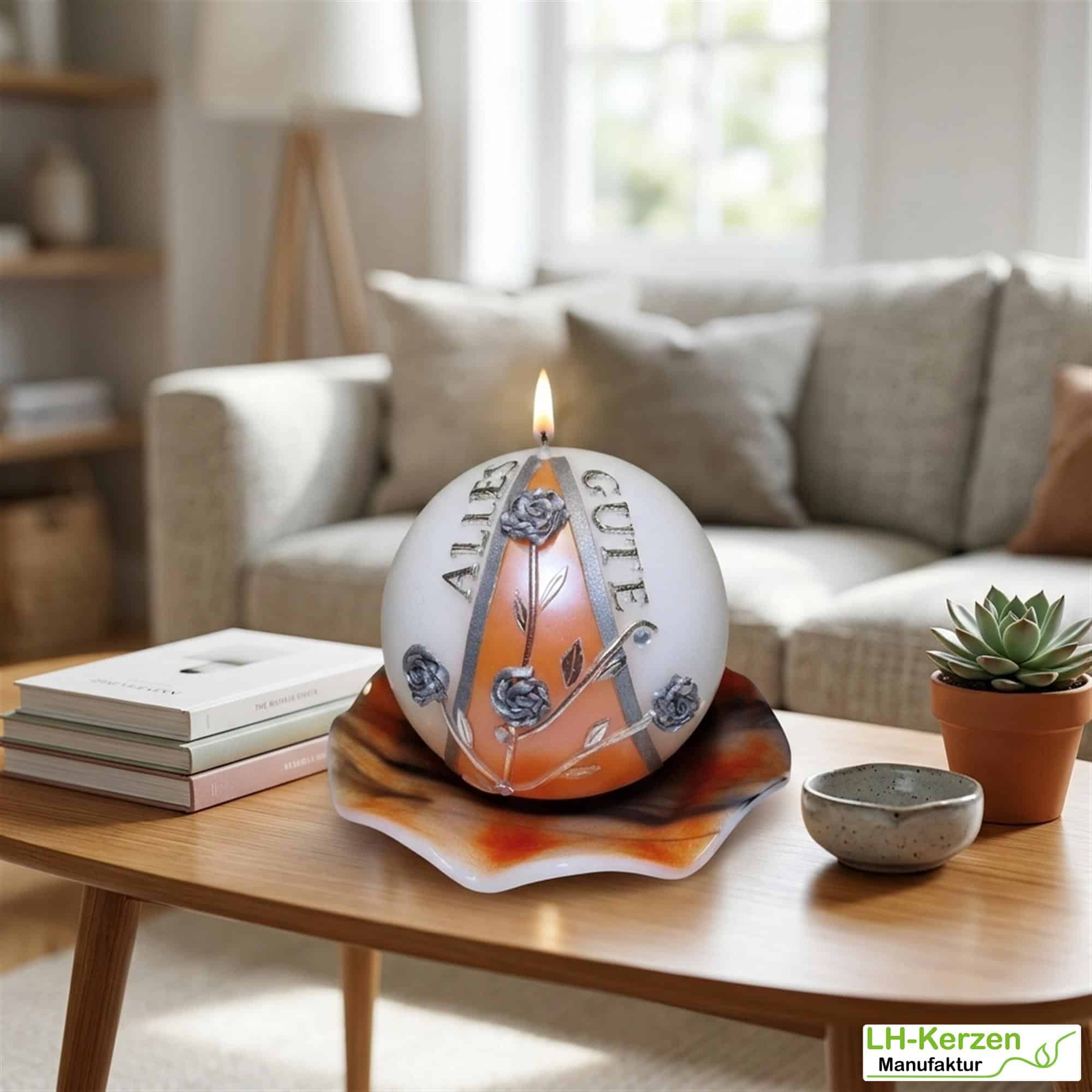 Personalisierbare Kugelkerze Alles Gute - Handgefertigte Kerze mit Blumen