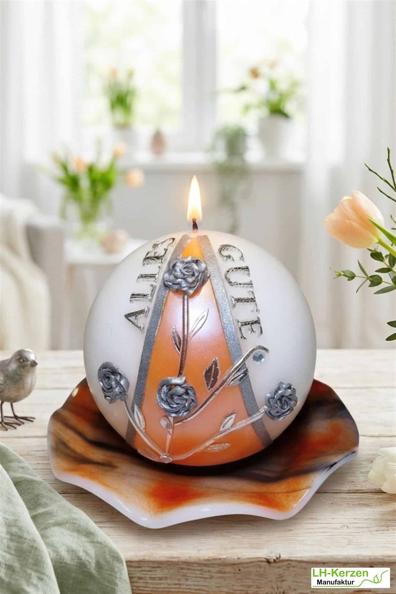 Personalisierbare Kugelkerze Alles Gute - Handgefertigte Kerze mit Blumen