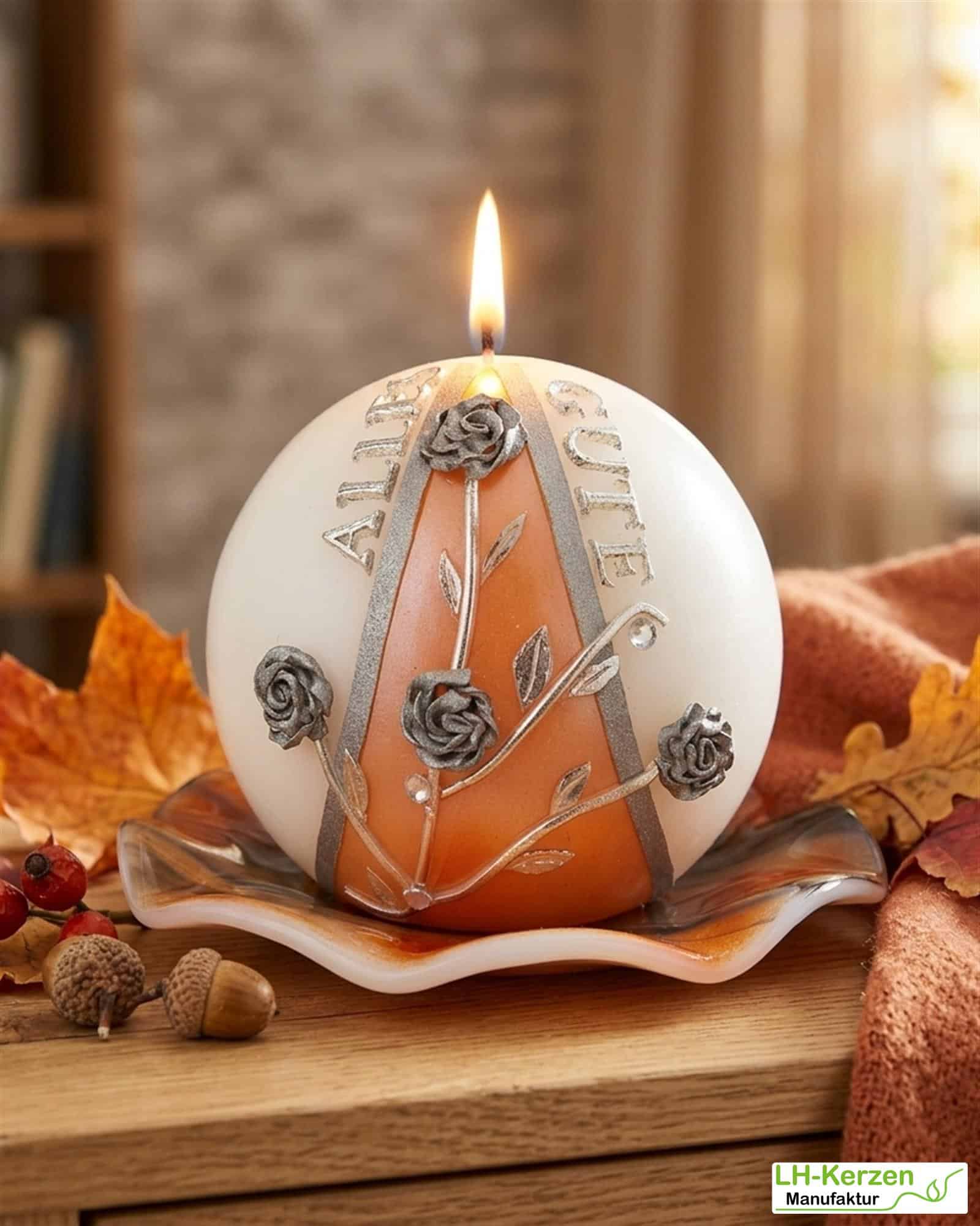 Personalisierbare Kugelkerze Alles Gute - Handgefertigte Kerze mit Blumen