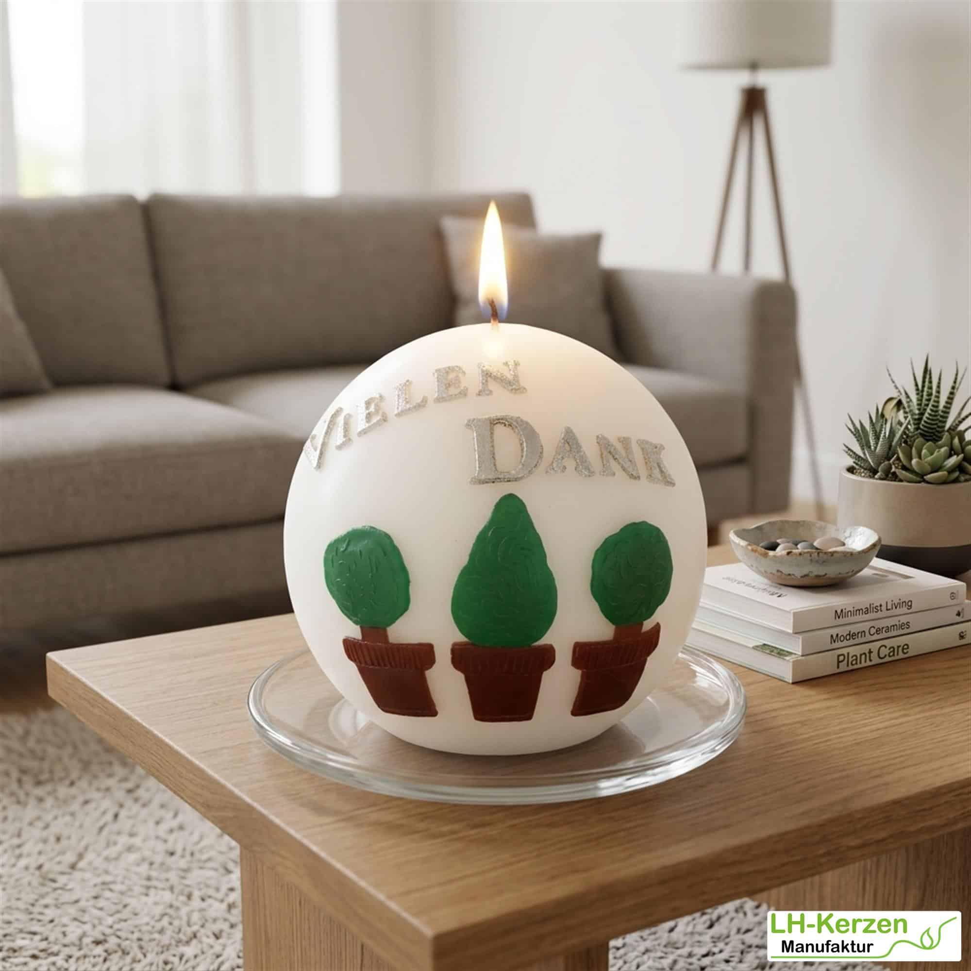 Vielen Dank Kugelkerze - Handverziert mit mediterranen Bäumchen, Danksagung, personalisierbar