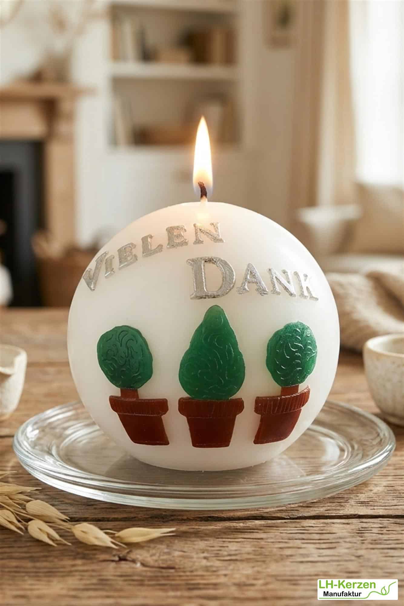 Vielen Dank Kugelkerze - Handverziert mit mediterranen Bäumchen, Danksagung, personalisierbar