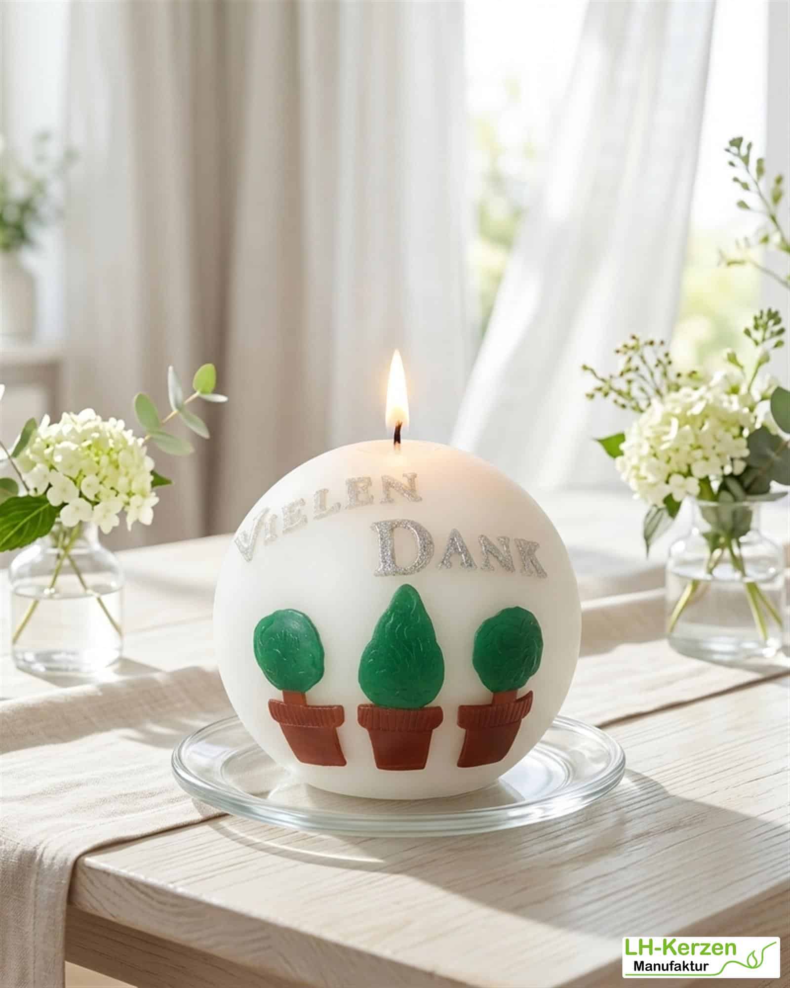 Vielen Dank Kugelkerze - Handverziert mit mediterranen Bäumchen, Danksagung, personalisierbar