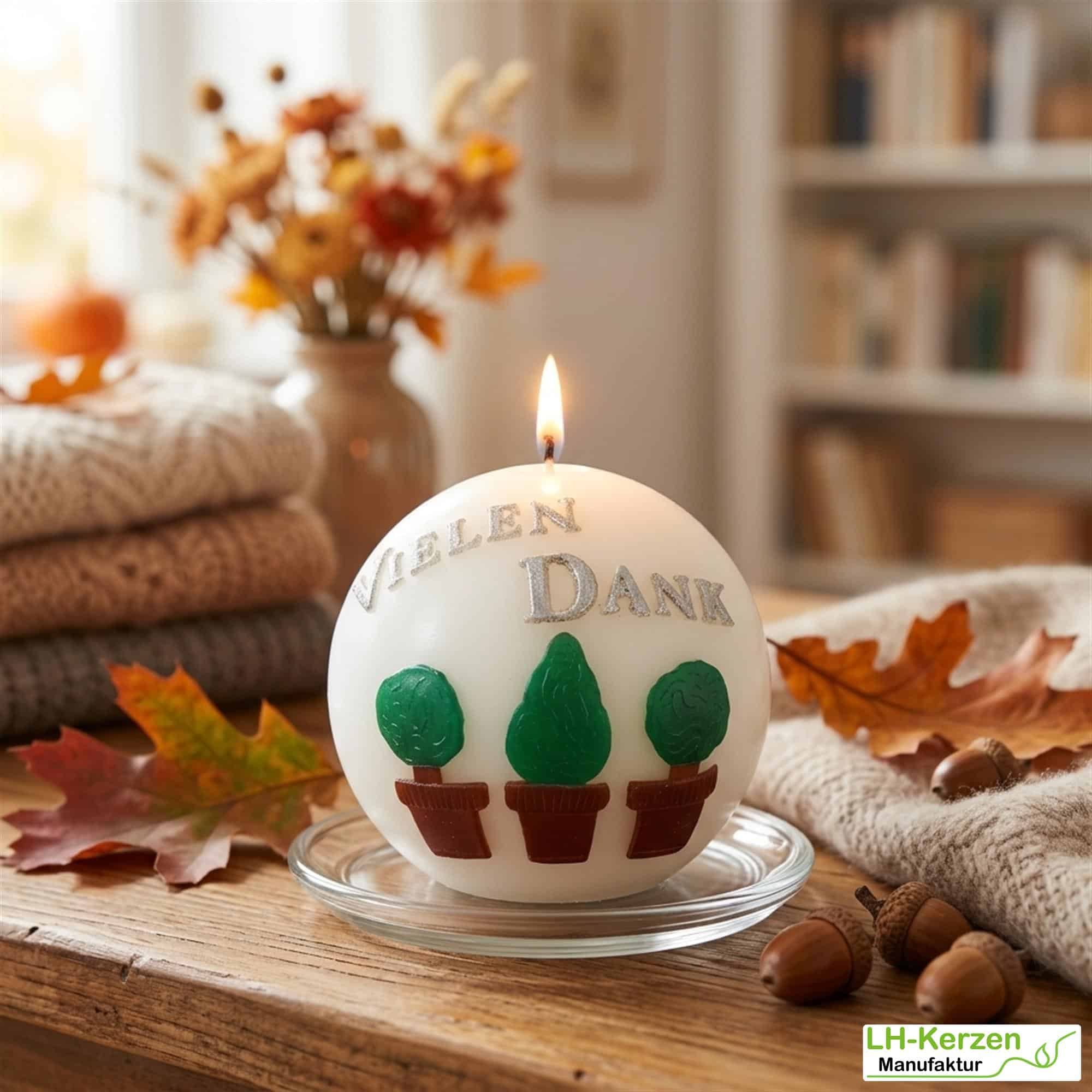 Vielen Dank Kugelkerze - Handverziert mit mediterranen Bäumchen, Danksagung, personalisierbar