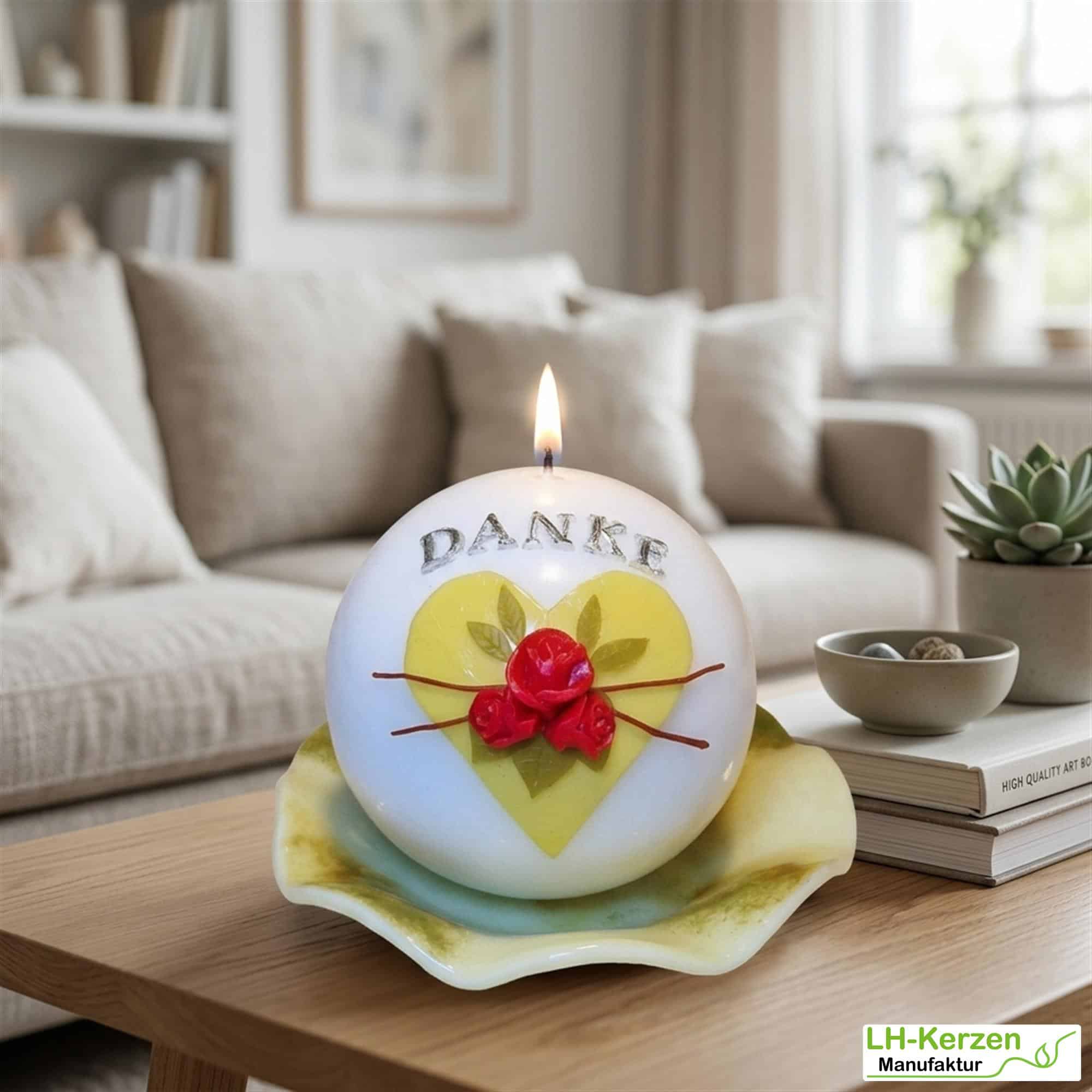 Kugelkerze "Danke" mit Rosen und Herz - Handgefertigtes Dankeschön-Geschenk, personalisierbar