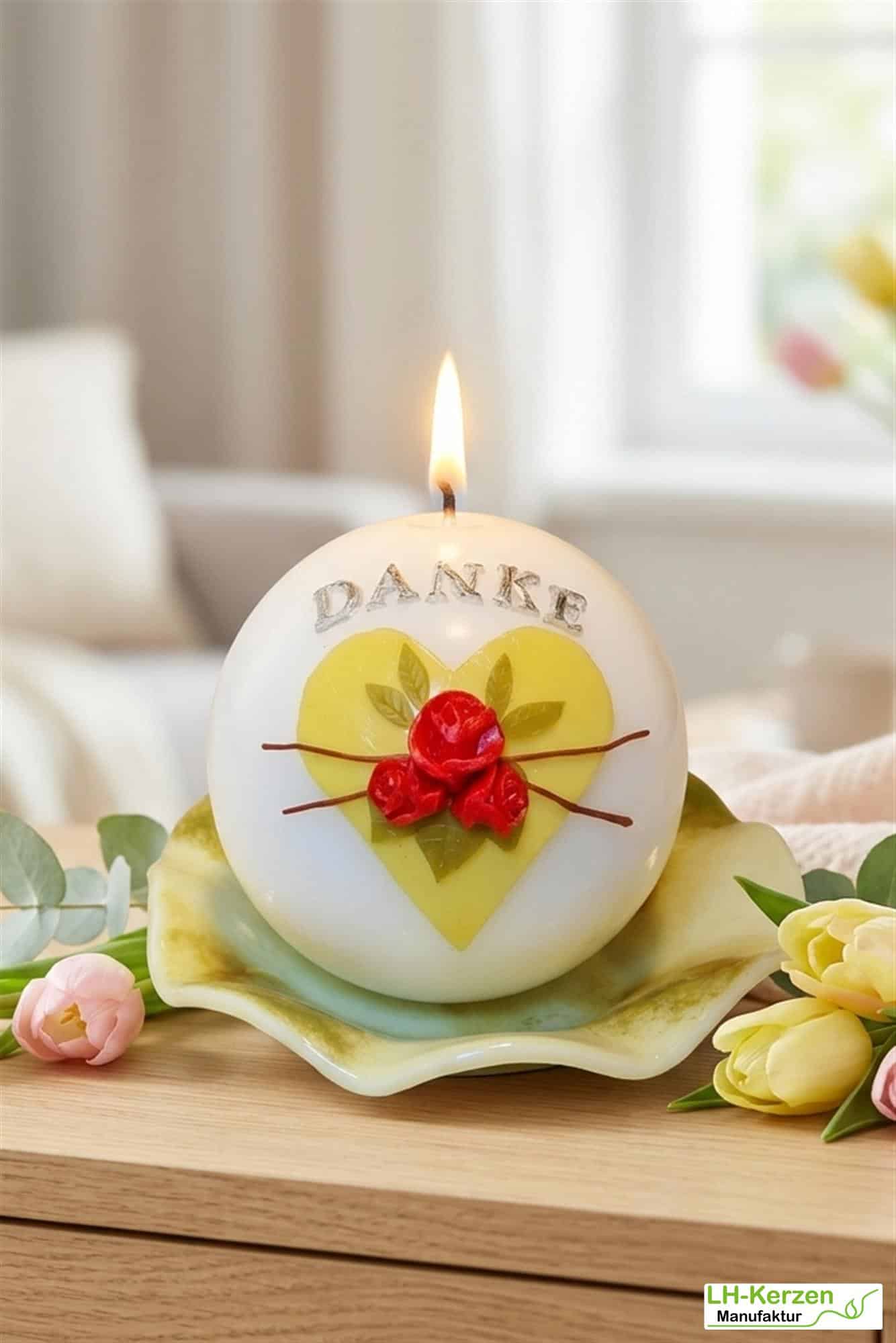 Kugelkerze "Danke" mit Rosen und Herz - Handgefertigtes Dankeschön-Geschenk, personalisierbar