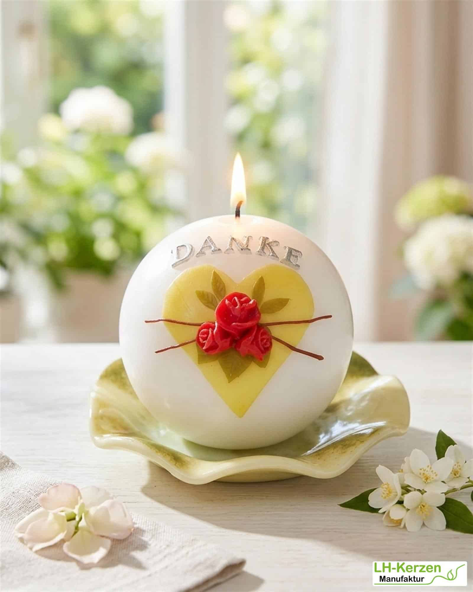 Kugelkerze "Danke" mit Rosen und Herz - Handgefertigtes Dankeschön-Geschenk, personalisierbar