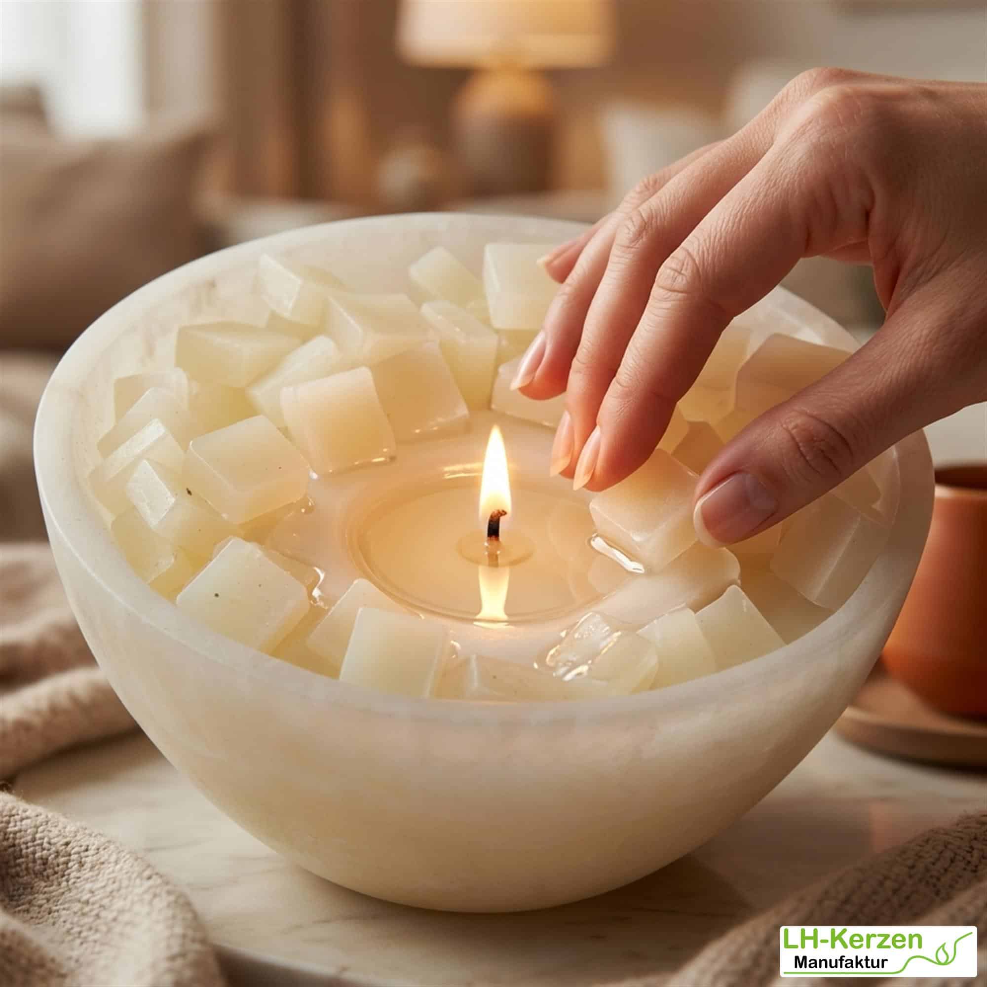 Interaktive cremefarbige Wachswürfel-Kerzenschale - Mitmachkerze 'Reiner Glanz'