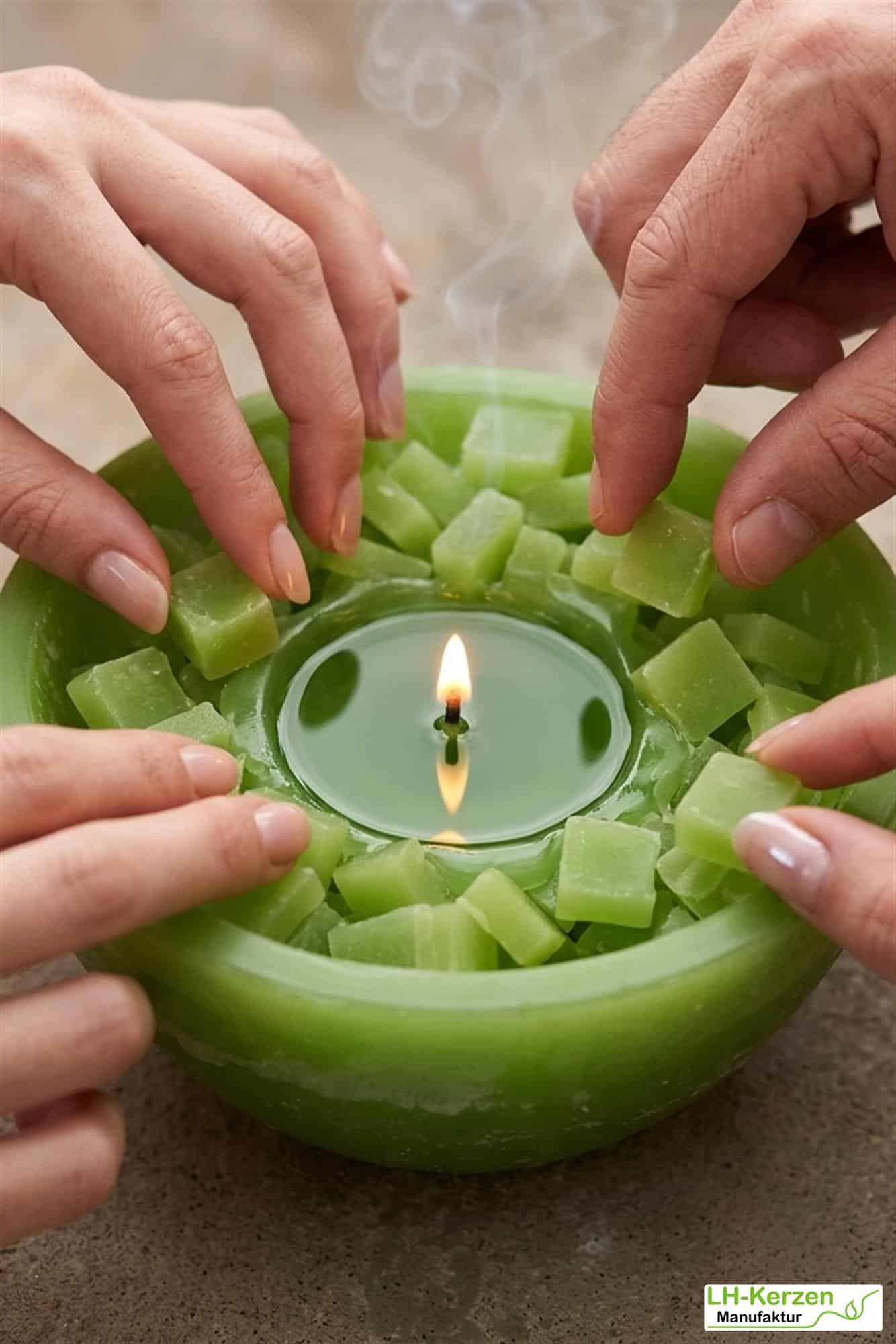 Interaktive grüne Wachswürfel-Kerzenschale - Mitmachkerze 'Grüner Genuss'