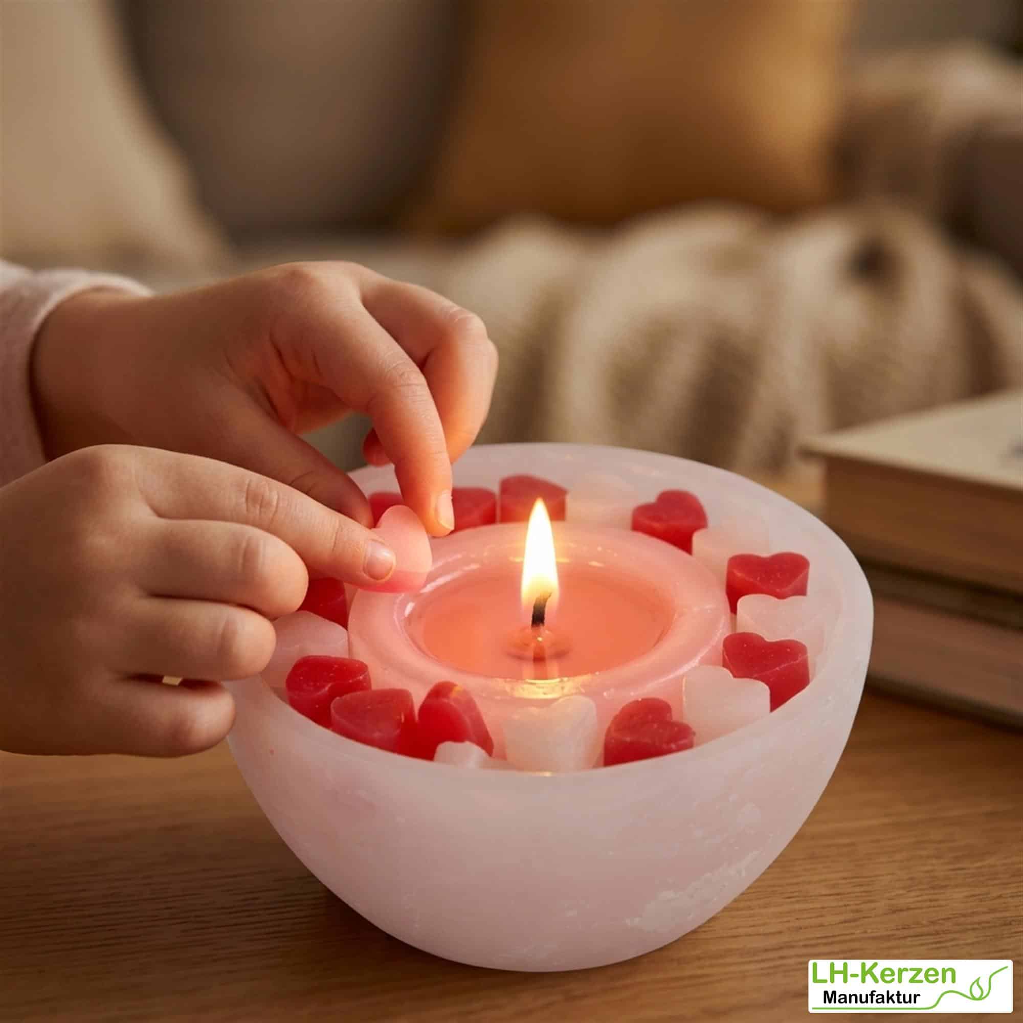 Interaktive weiße Wachswürfel-Kerzenschale mit rot weißen Herzen - Mitmachkerze 'Liebesmischung'