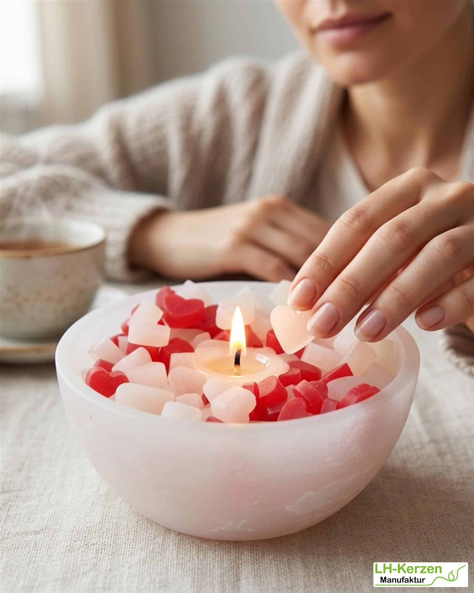 Interaktive weiße Wachswürfel-Kerzenschale mit rot weißen Herzen - Mitmachkerze 'Liebesmischung'