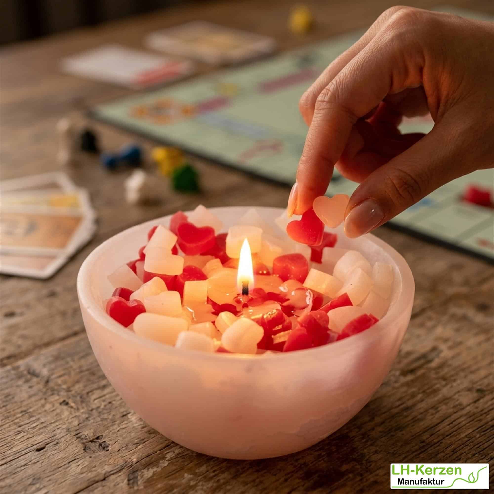 Interaktive weiße Wachswürfel-Kerzenschale mit rot weißen Herzen - Mitmachkerze 'Liebesmischung'