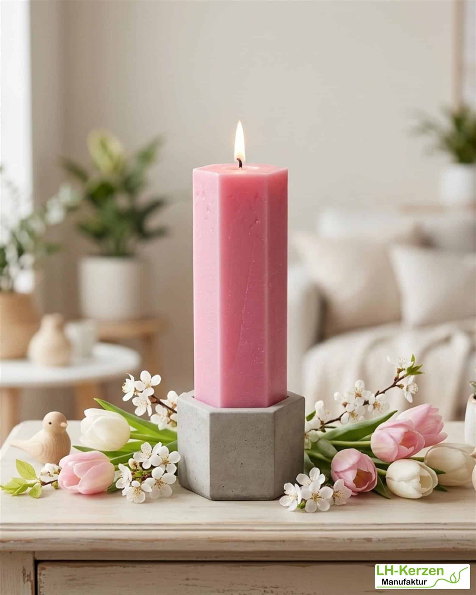 Cassisfarbene Spinnwebenkerze aus Stearin – 6-eckige Weihnachtskerze mit Netz-Effekt