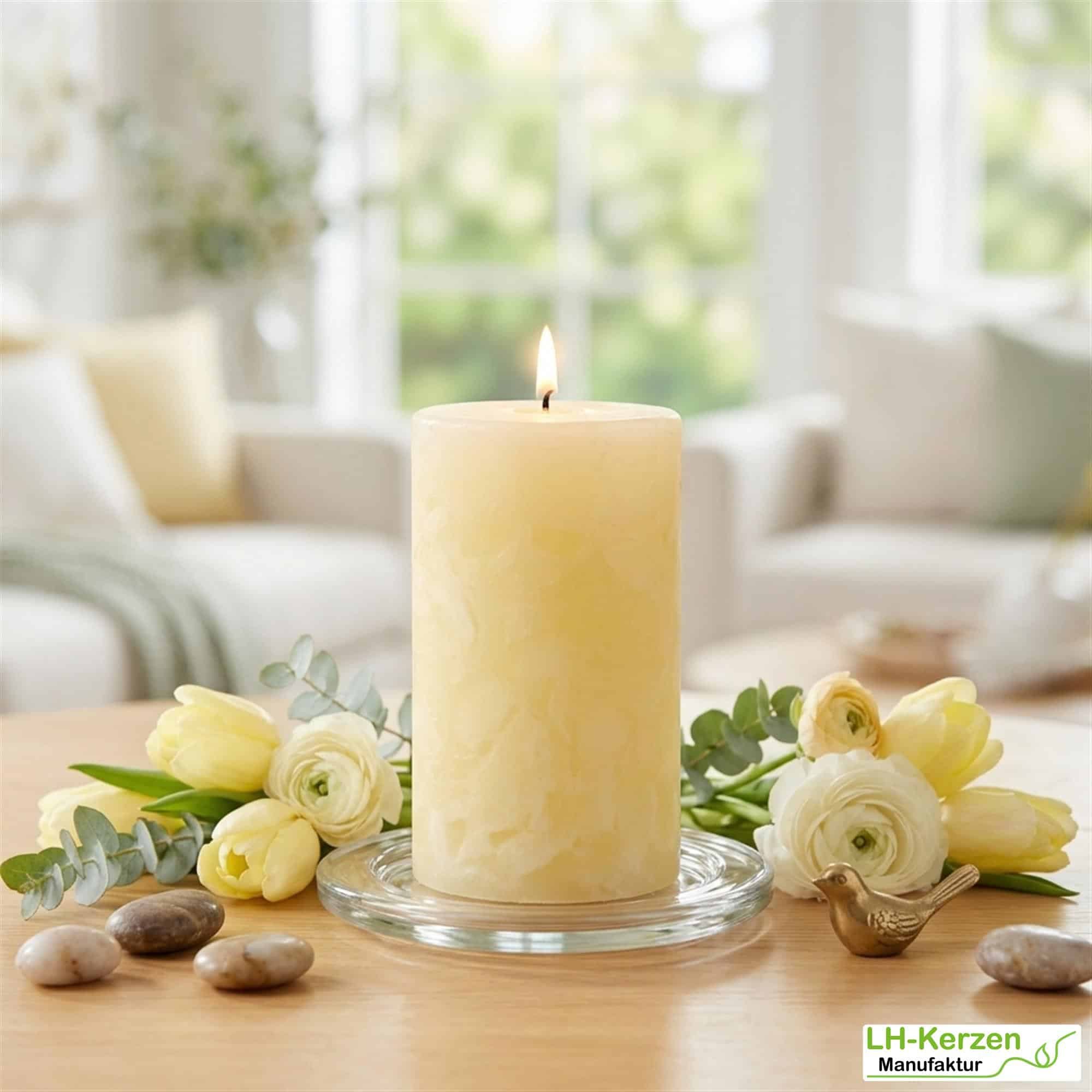 Cremefarbene Wachswürfelkerze "Sanfter Glanz", handgefertigte Wachscrackerkerze personalisierbar